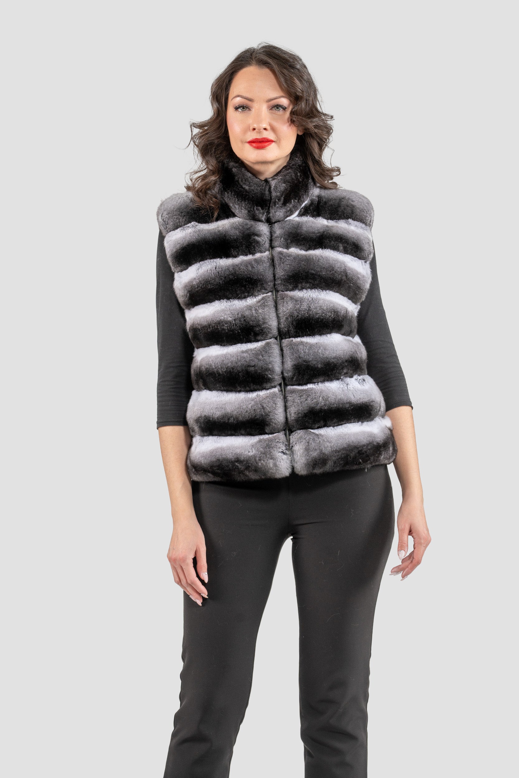 Natural Chinchilla Fur Vest with Stand Collar and Mink Trim P/K2201