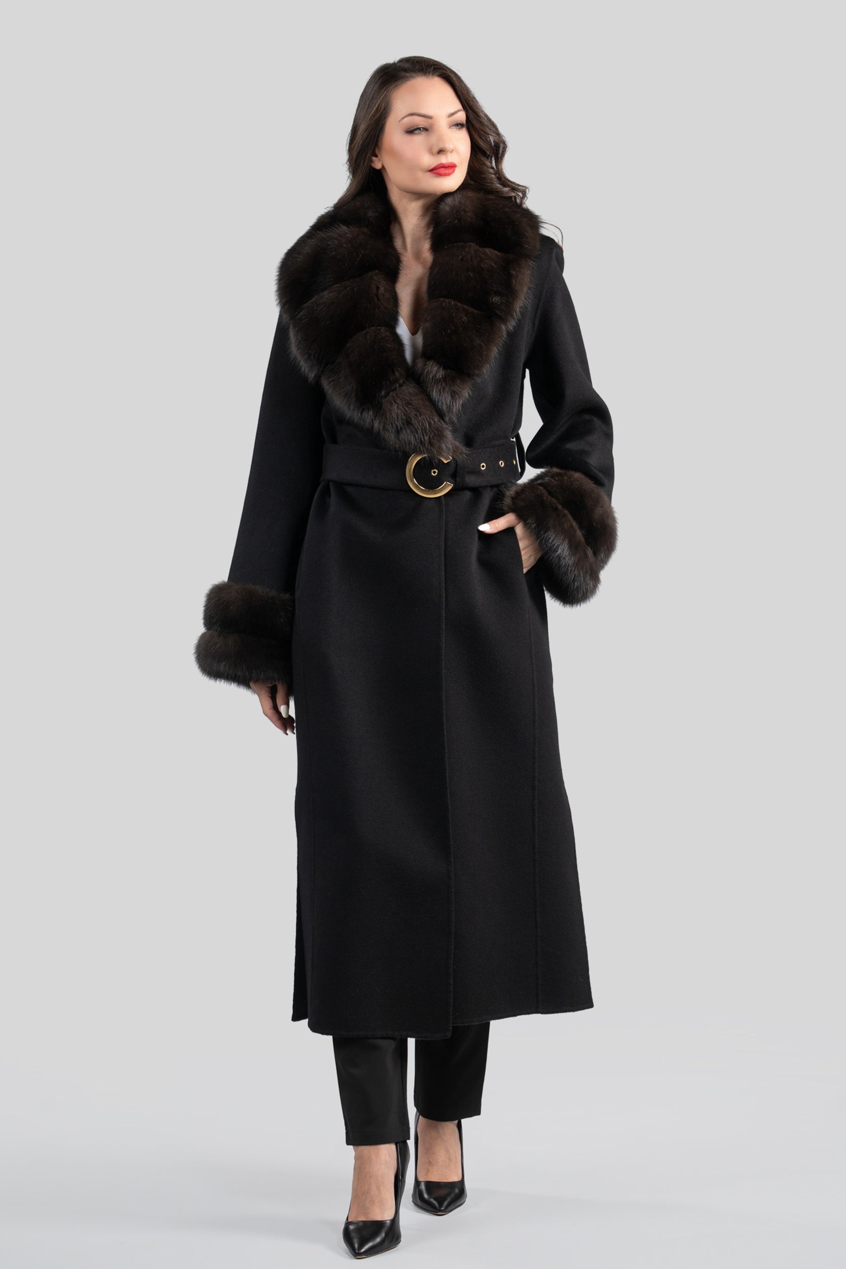 Black Cashmere Coat with Russian Sable Shawl Collar 20C8070