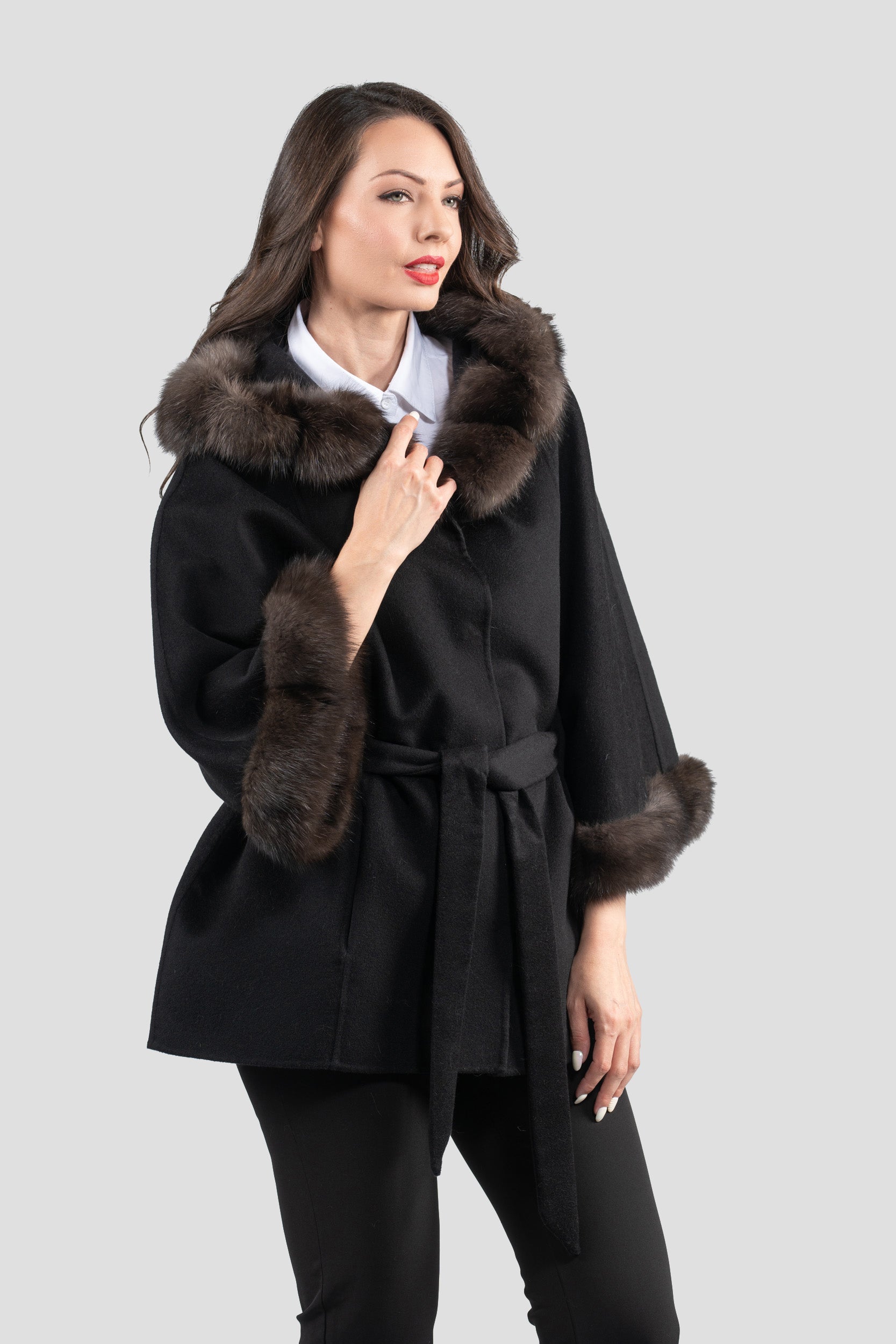 Black Cashmere Hooded Cape with Russian Sable Trim 2005H