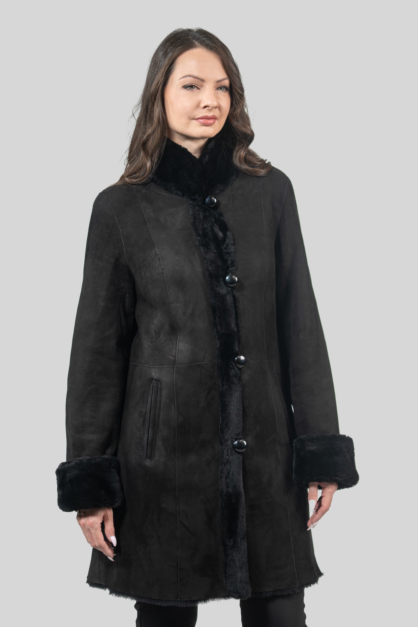 Black Half Coat In Spanish Merino with Stand Collar 207
