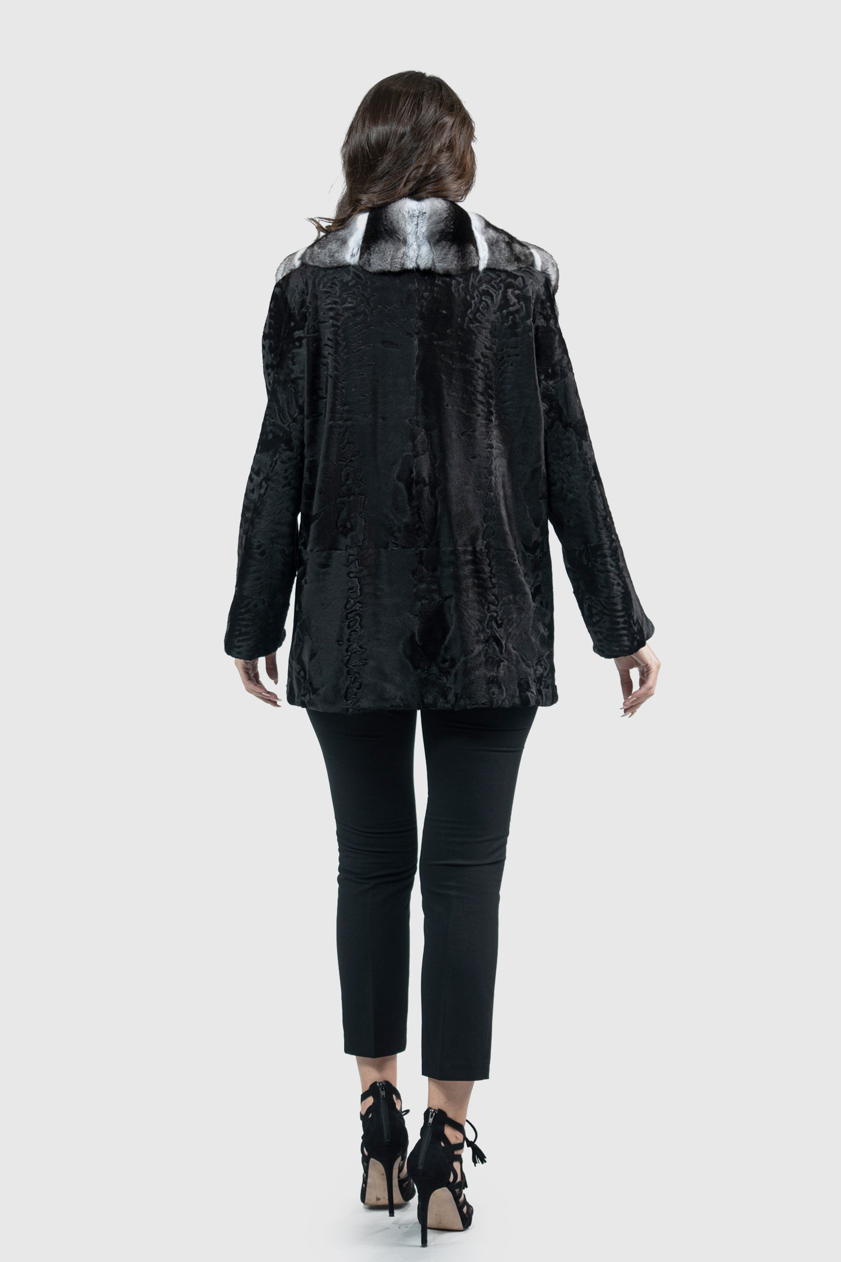 Black Swakara Jacket with Chinchilla Notch Collar S/S21C842