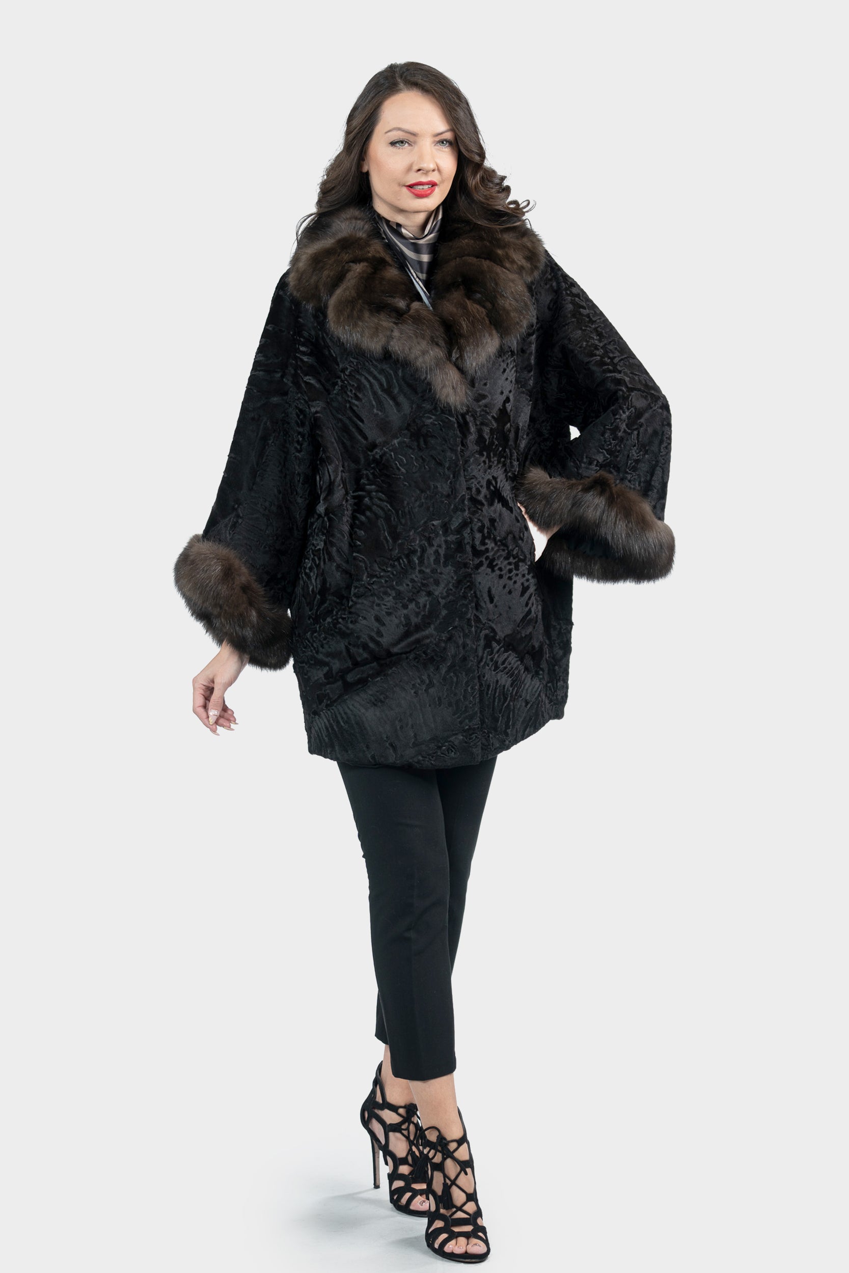 Black Swakara Cape with Russian Sable Notch Collar A/K13C848gs20v30