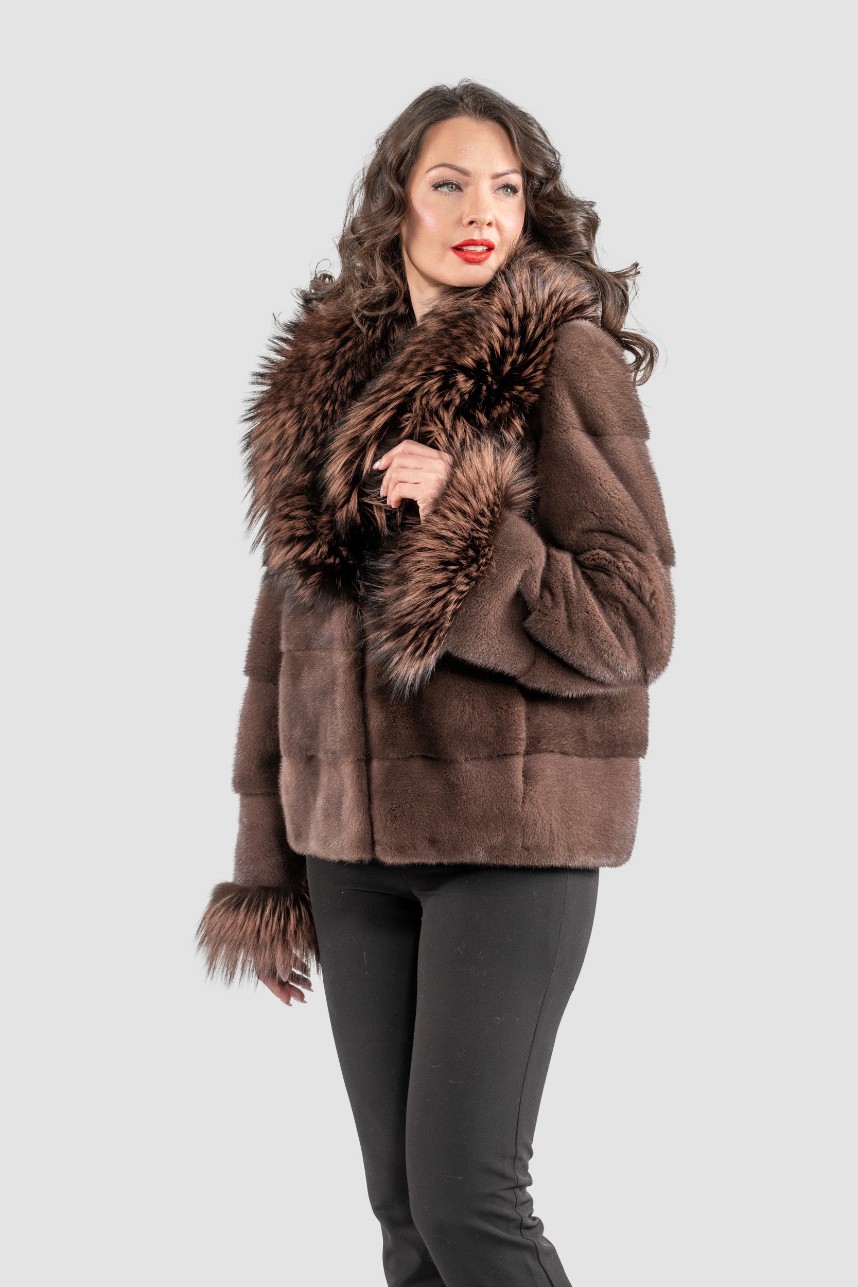 Wood Mink Jacket with Fox Trimmed Shawl Collar P/K13C528C17