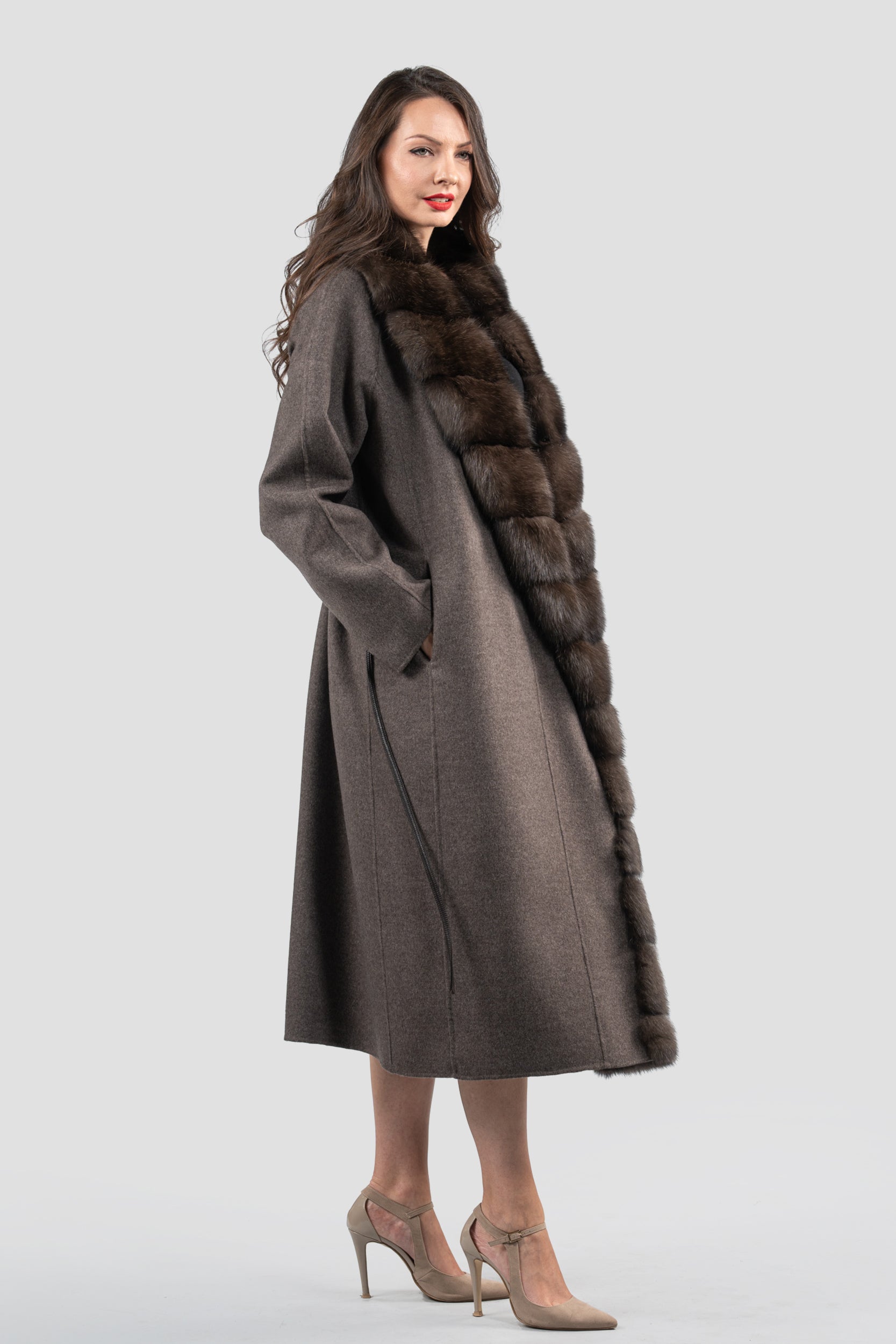 Brown Grey Cashmere Coat with Russian Sable Trim 22CA310