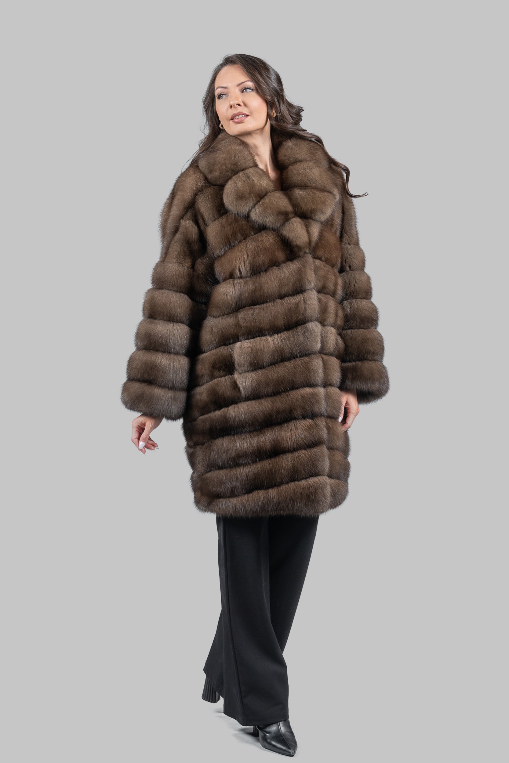 Graphite Russian Sable Horizontal Coat with Notch Collar A/K13C848G034