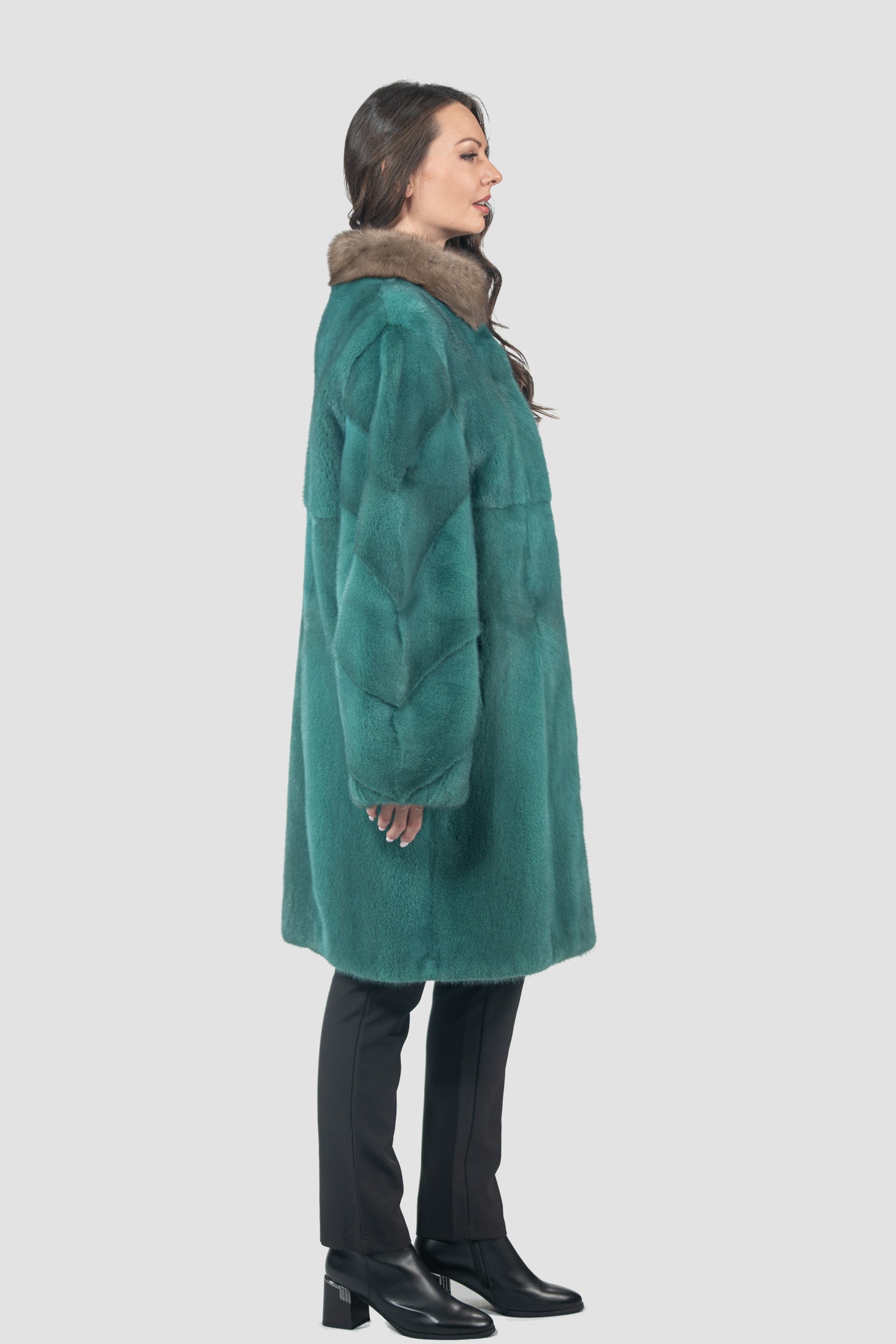 Green Mink Half Coat with Russian Sable-Trimmed Stand Collar CLER