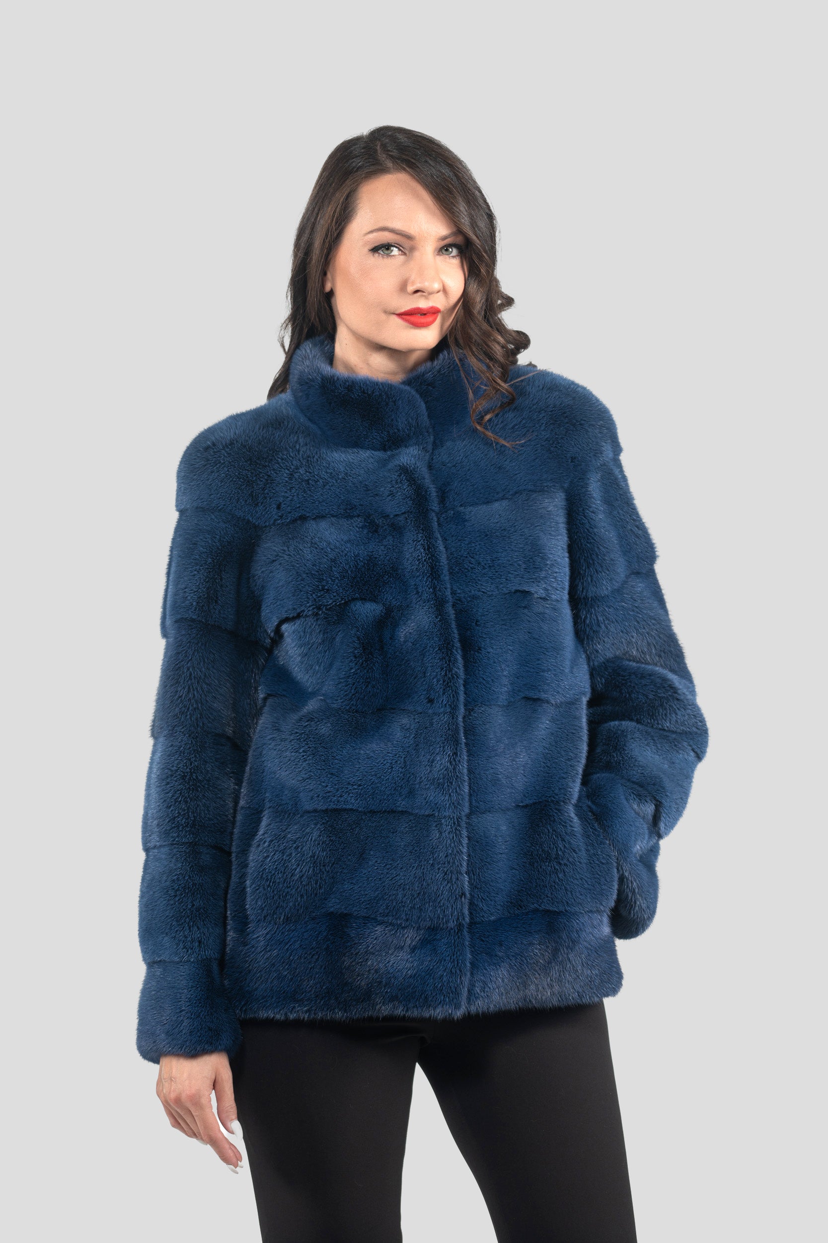 Blue Black Mink Jacket with Stand Collar P/K13C528