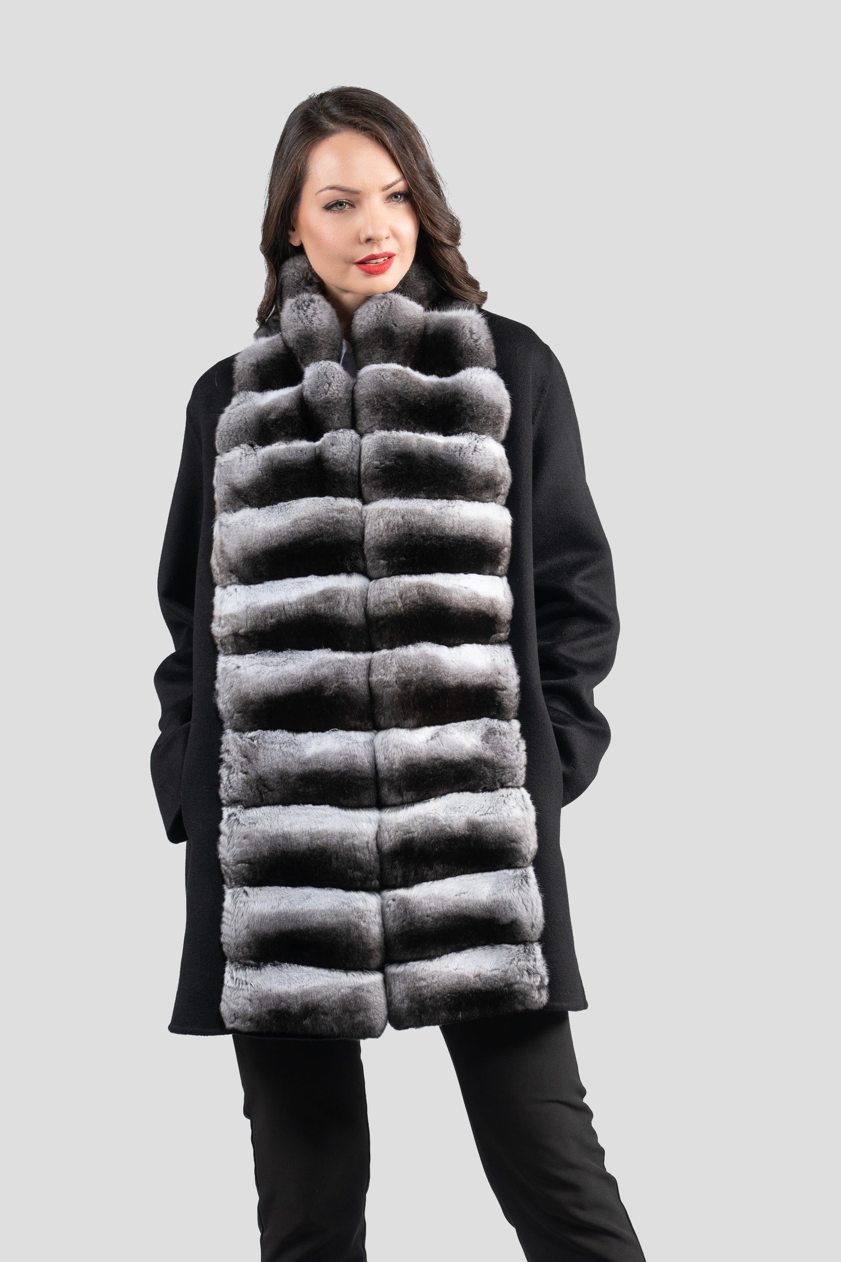 Black Cashmere Coat with Chinchilla Trim 21C8050