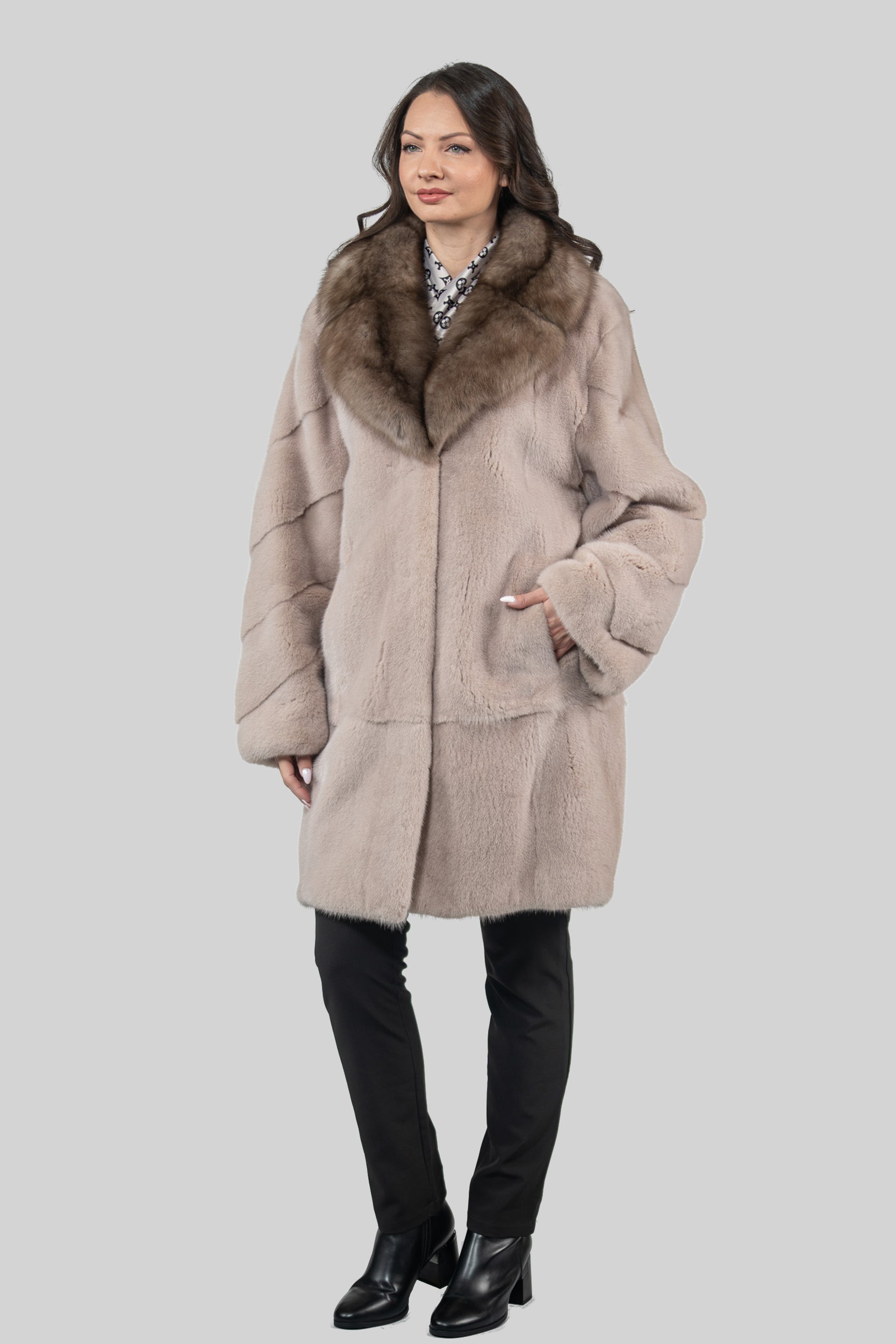 Tiramisu Mink Half Coat with Russian Sable-Trimmed Notch Collar S/S19C439