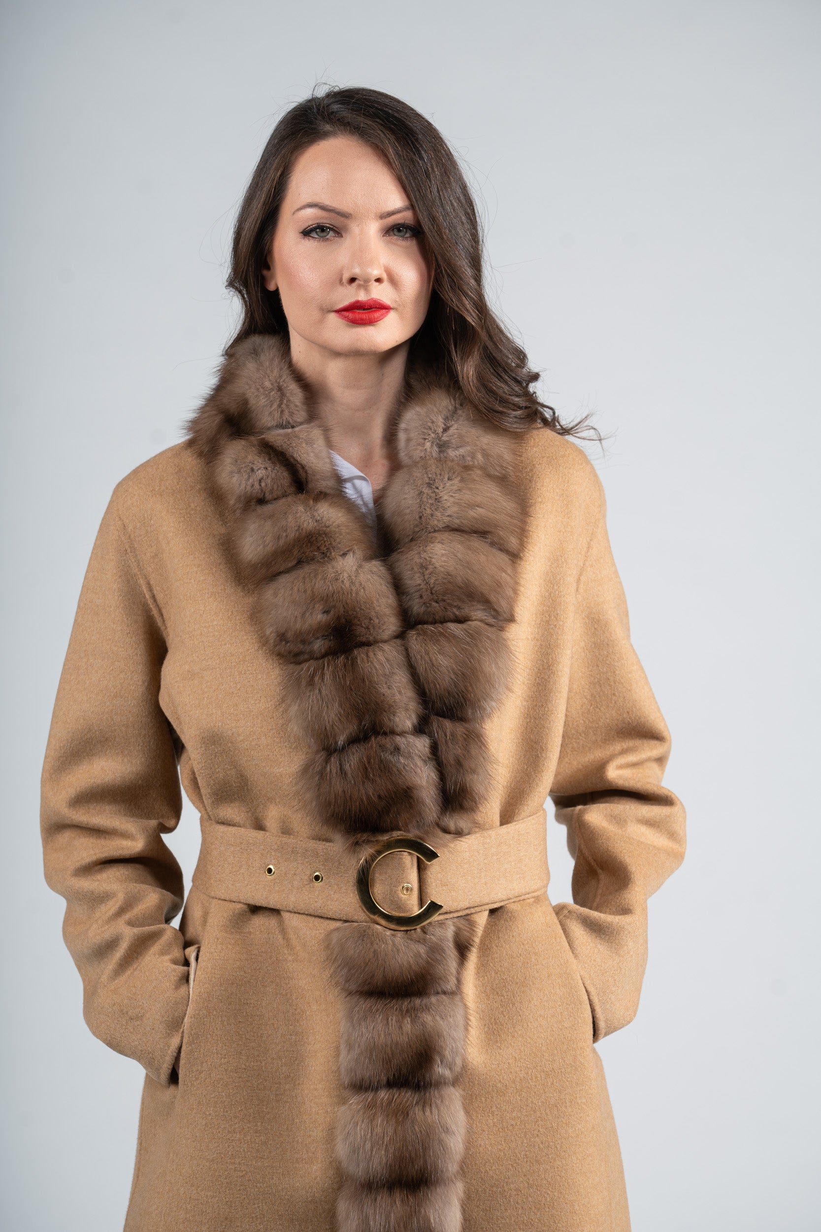 Beige Ecru Cashmere Coat with Russian Sable Trim 21C6080