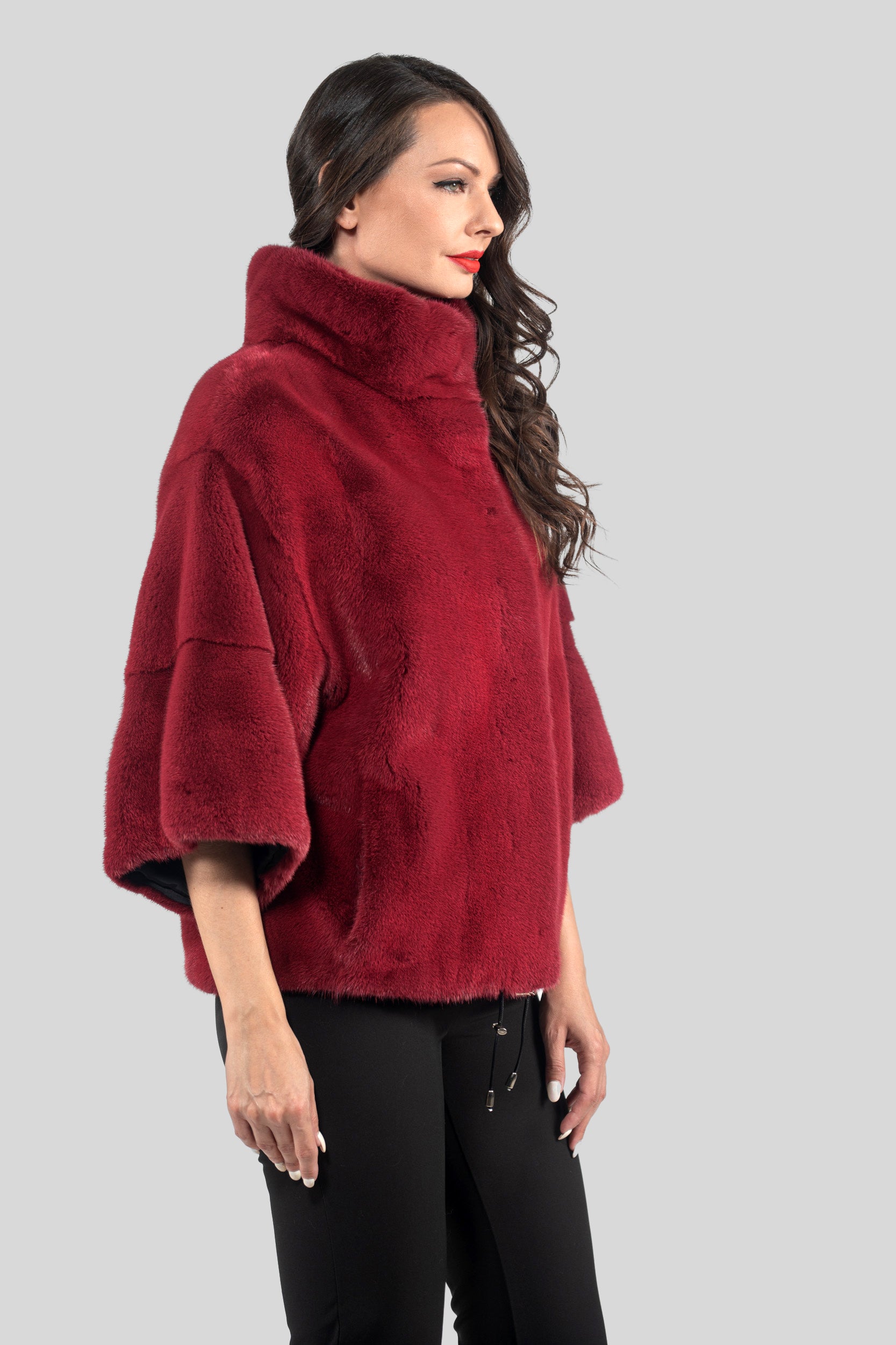 Cerise Mink Jacket with Stand Collar and Short Sleeves L/O13C138