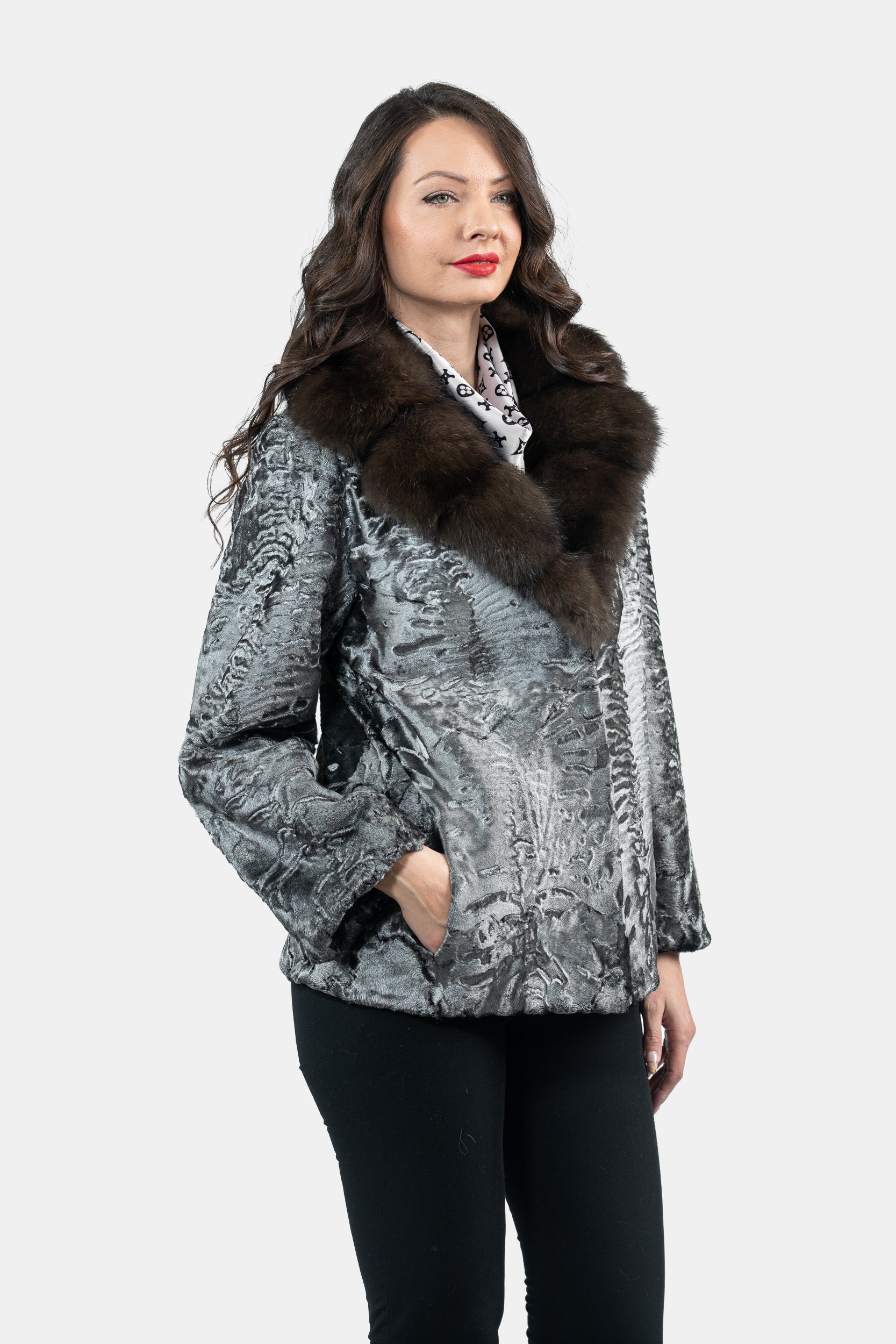 Silver Swakara Jacket with Russian Sable Notch Collar S/S13C528