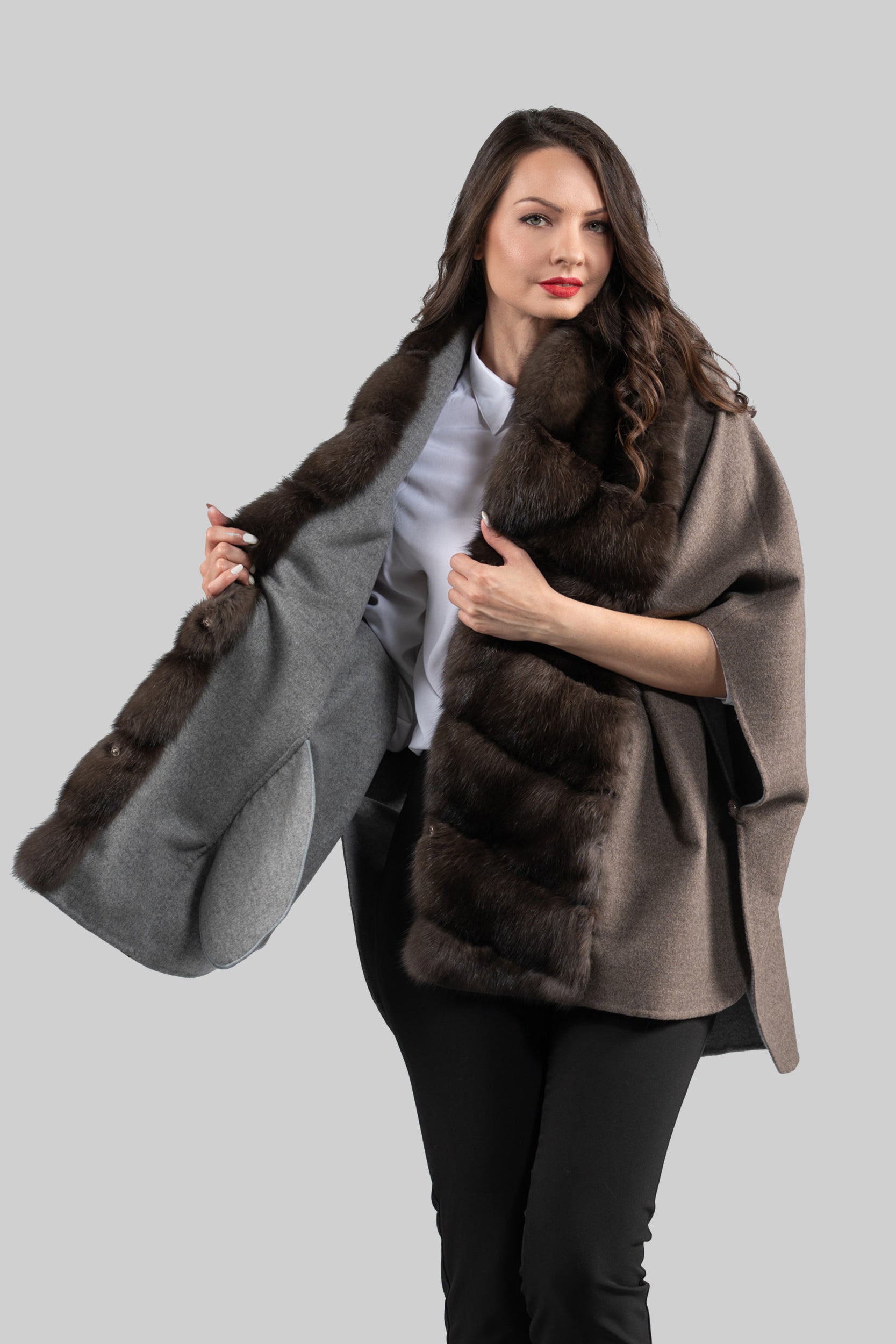Brown Gray Cashmere Cape with Russian Sable Trim 18M950