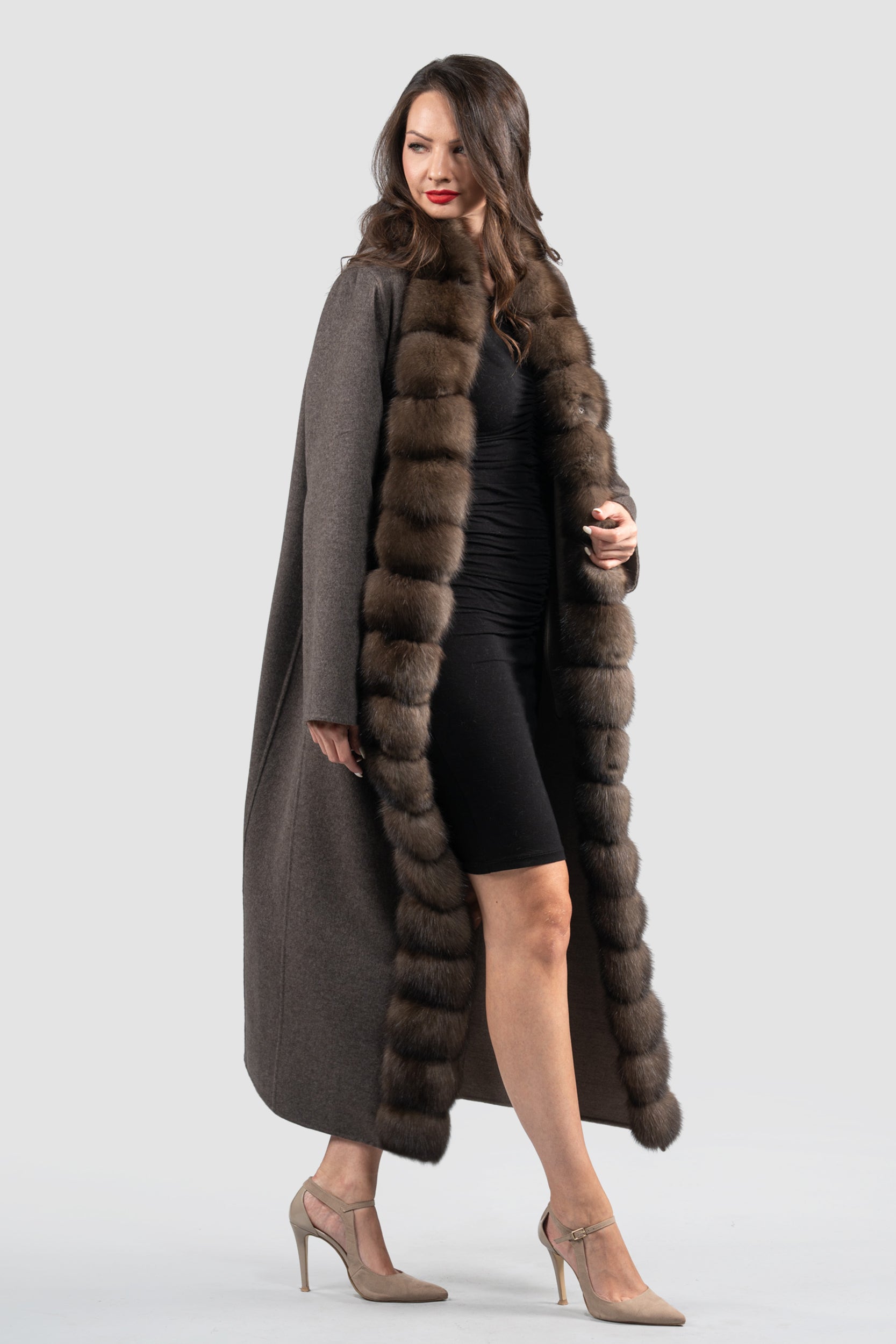 Brown Grey Cashmere Coat with Russian Sable Trim 21C6080
