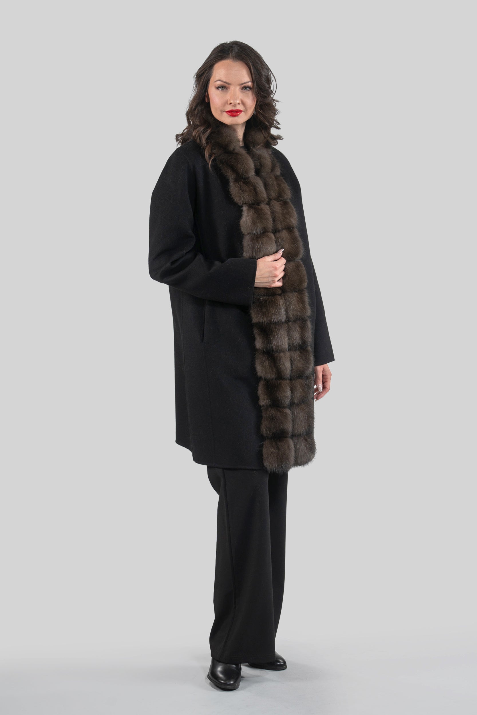 Black Cashmere Half Coat with Russian Sable Trim 21C6080