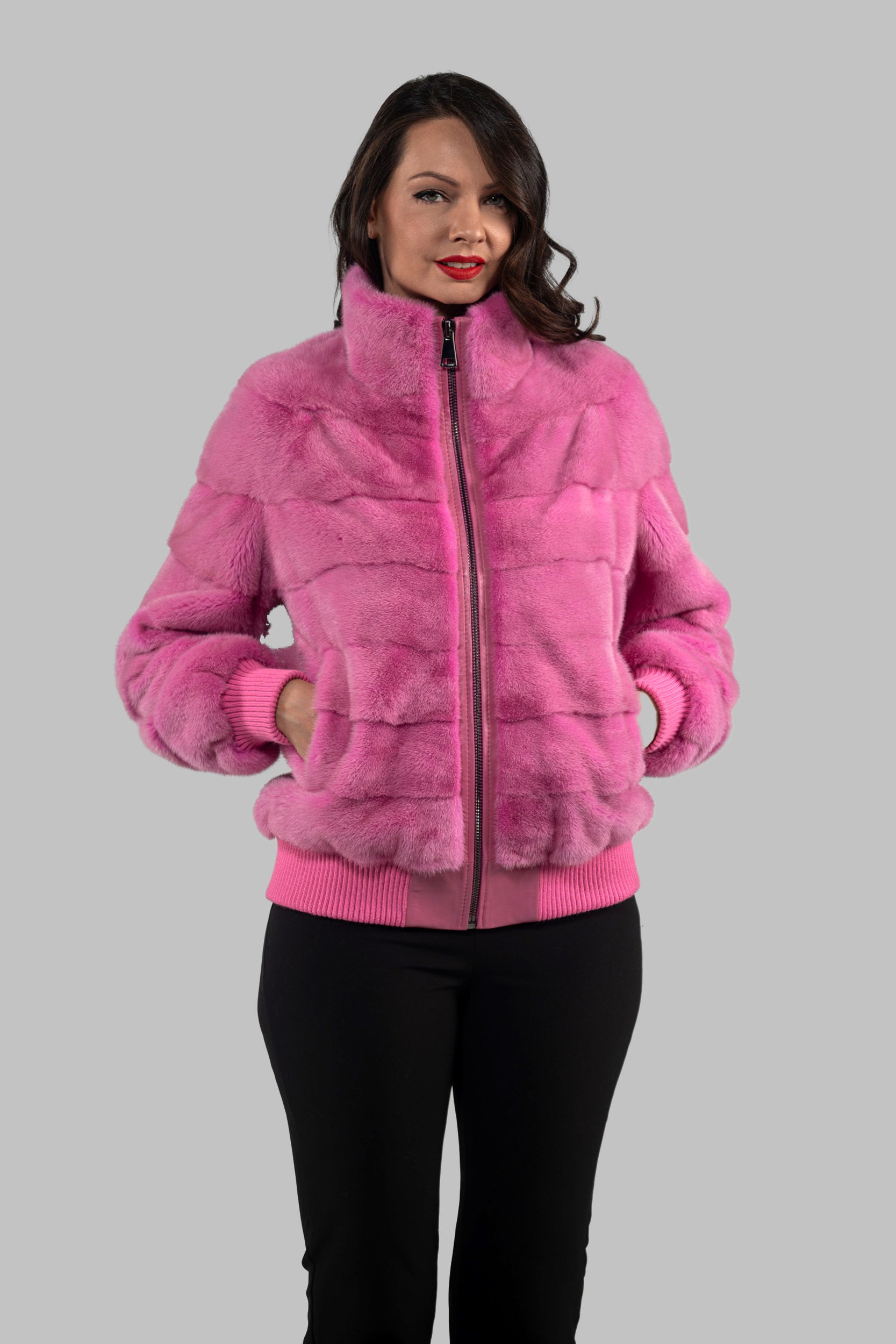Fuchsia Mink Bomber Jacket with Stand Collar P/K13C224