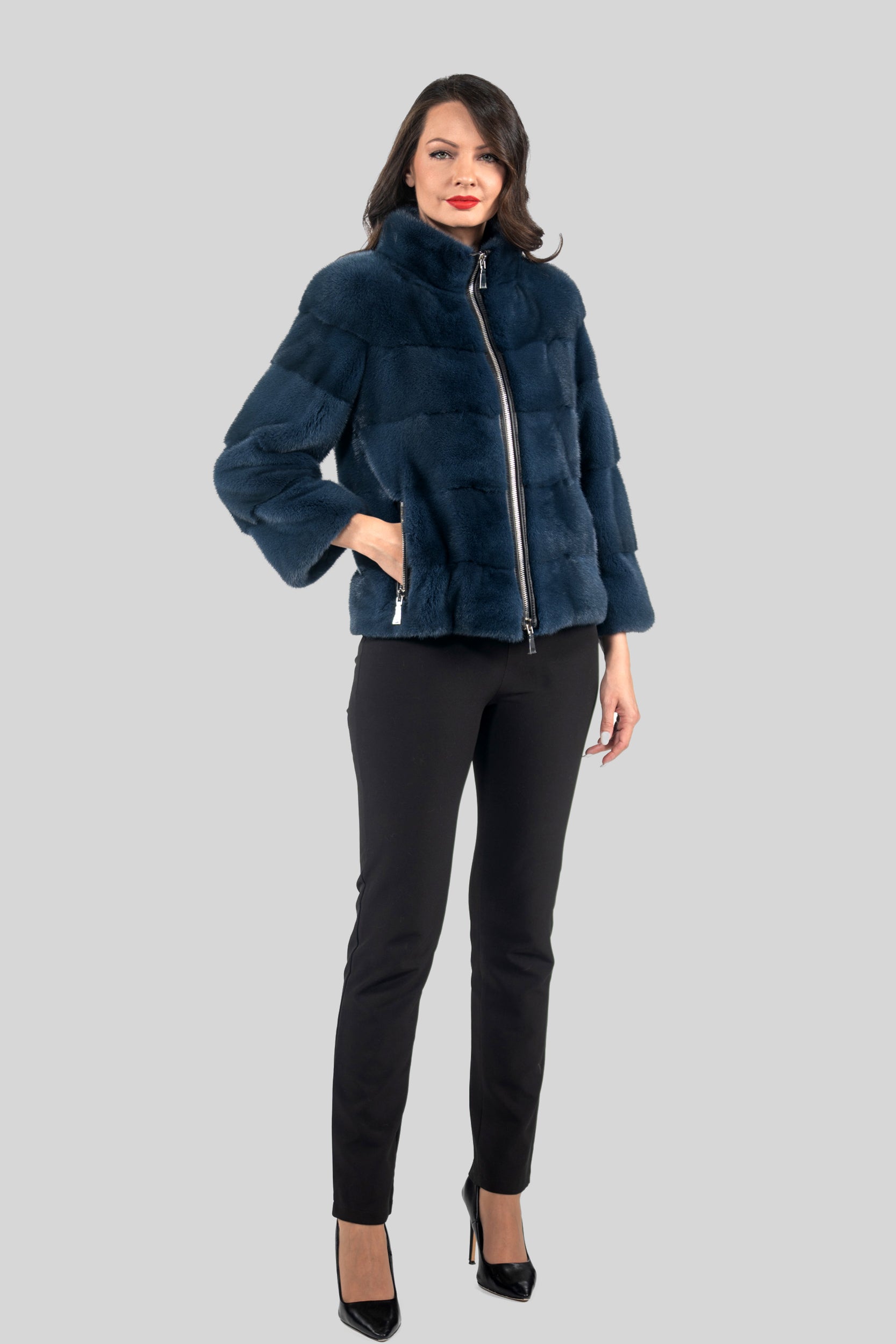 Blue Jean Mink Jacket with Stand Collar and Zipper P/K13C224