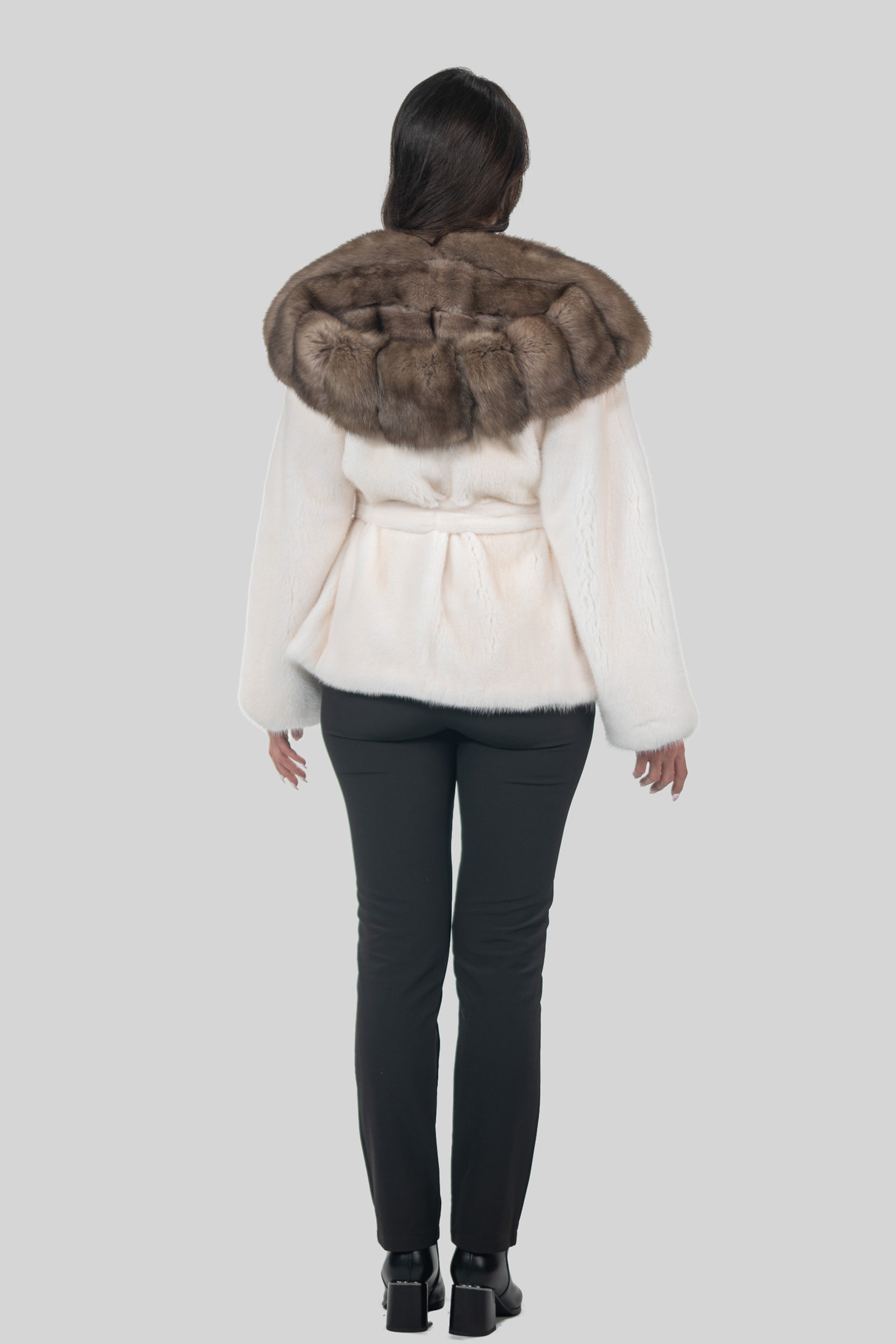 Pearl Mink Half Coat With Russian Sable Hood L/O13C978