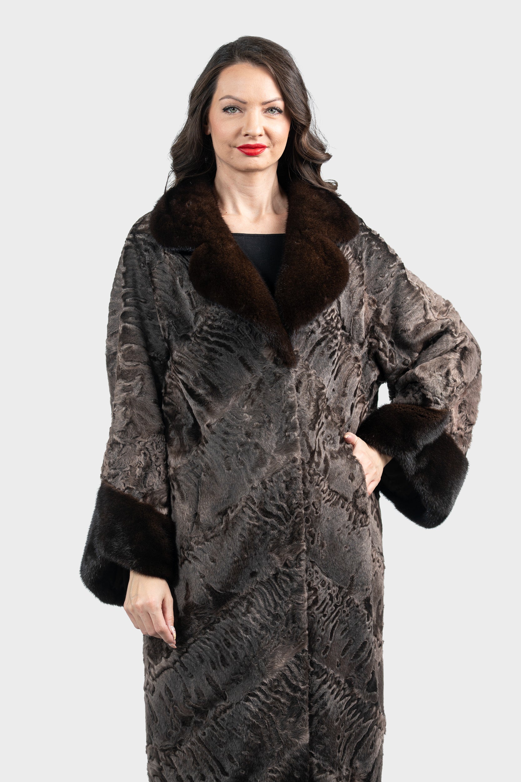 Chocolate Swakara Coat with Mink Trim A/K13C848gs20v30