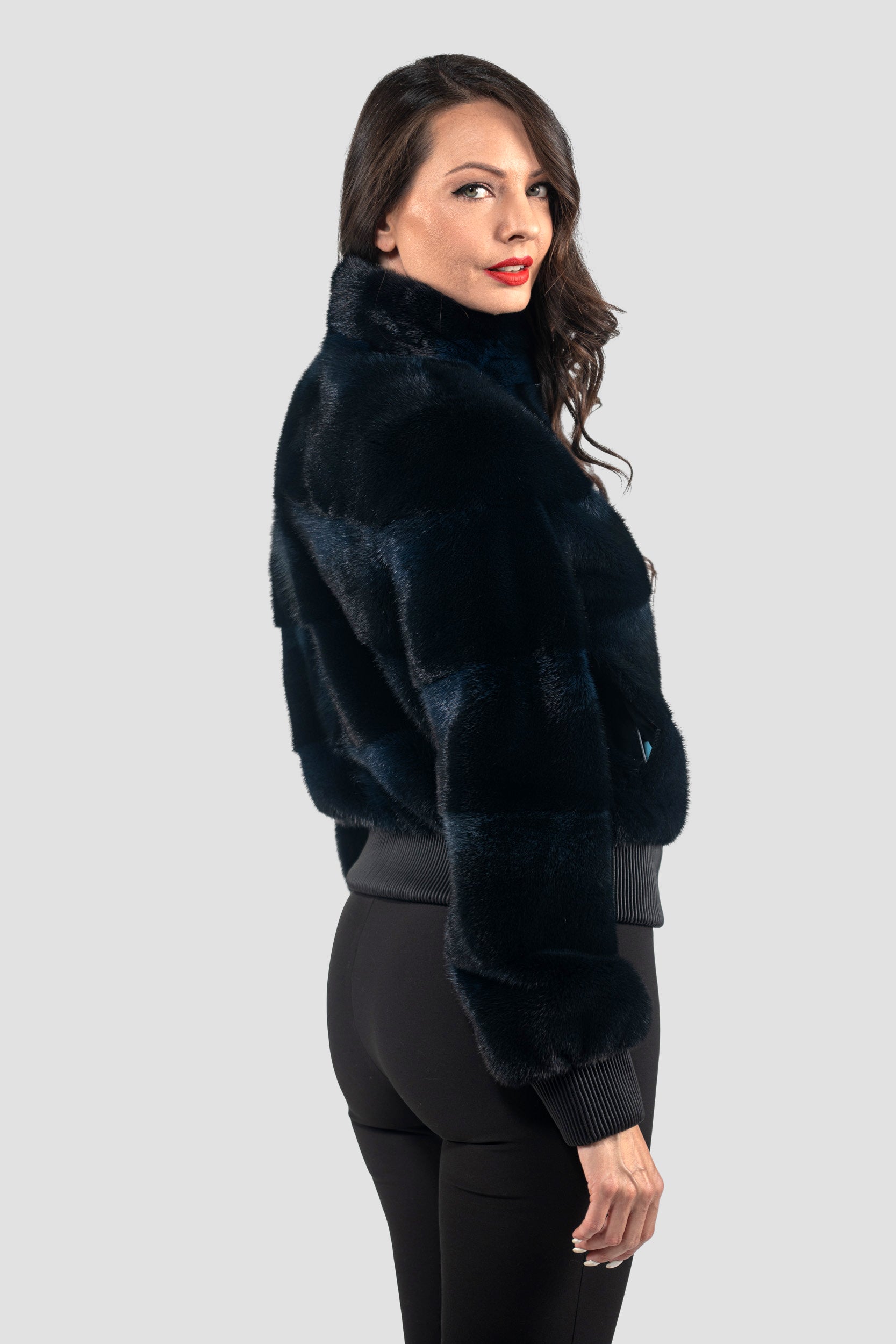 Blue Black Mink Bomber Jacket with Stand Collar P/K13C224