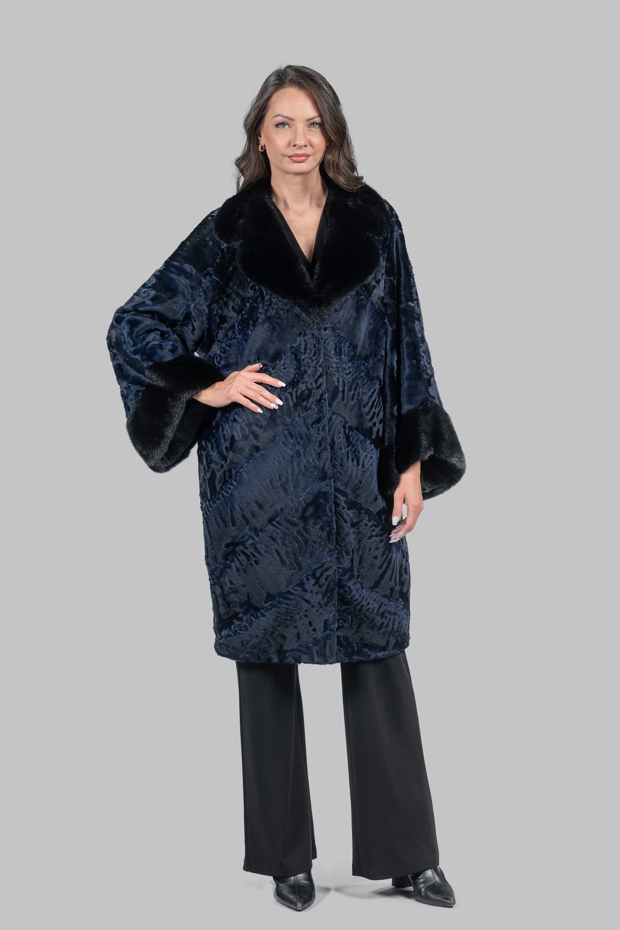 Blue-Black Swakara Half-Coat Mink Trim with Notch Collar A/K13C848gs20v30