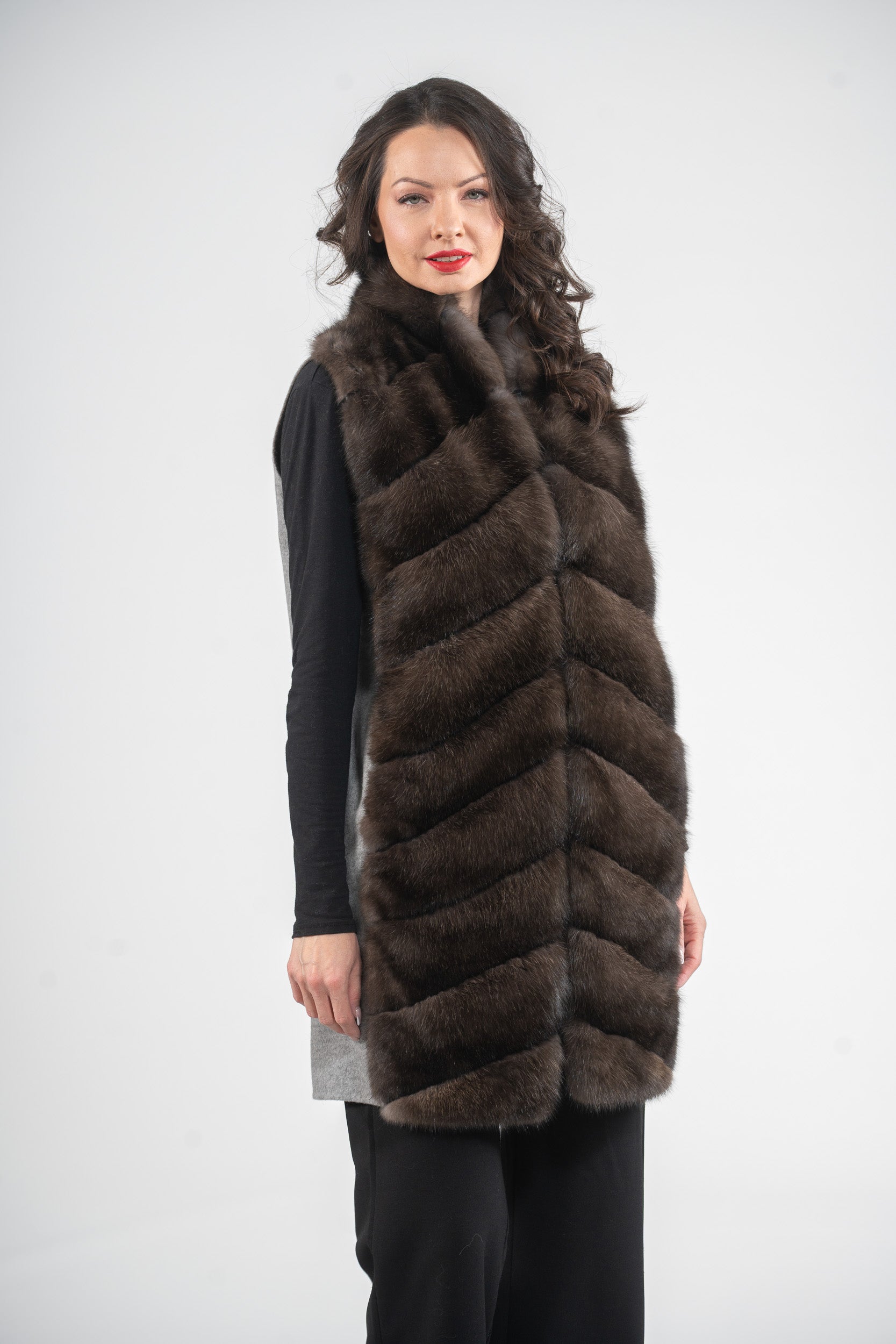 Grey Cashmere Vest with Russian Sable Trim 17C8003