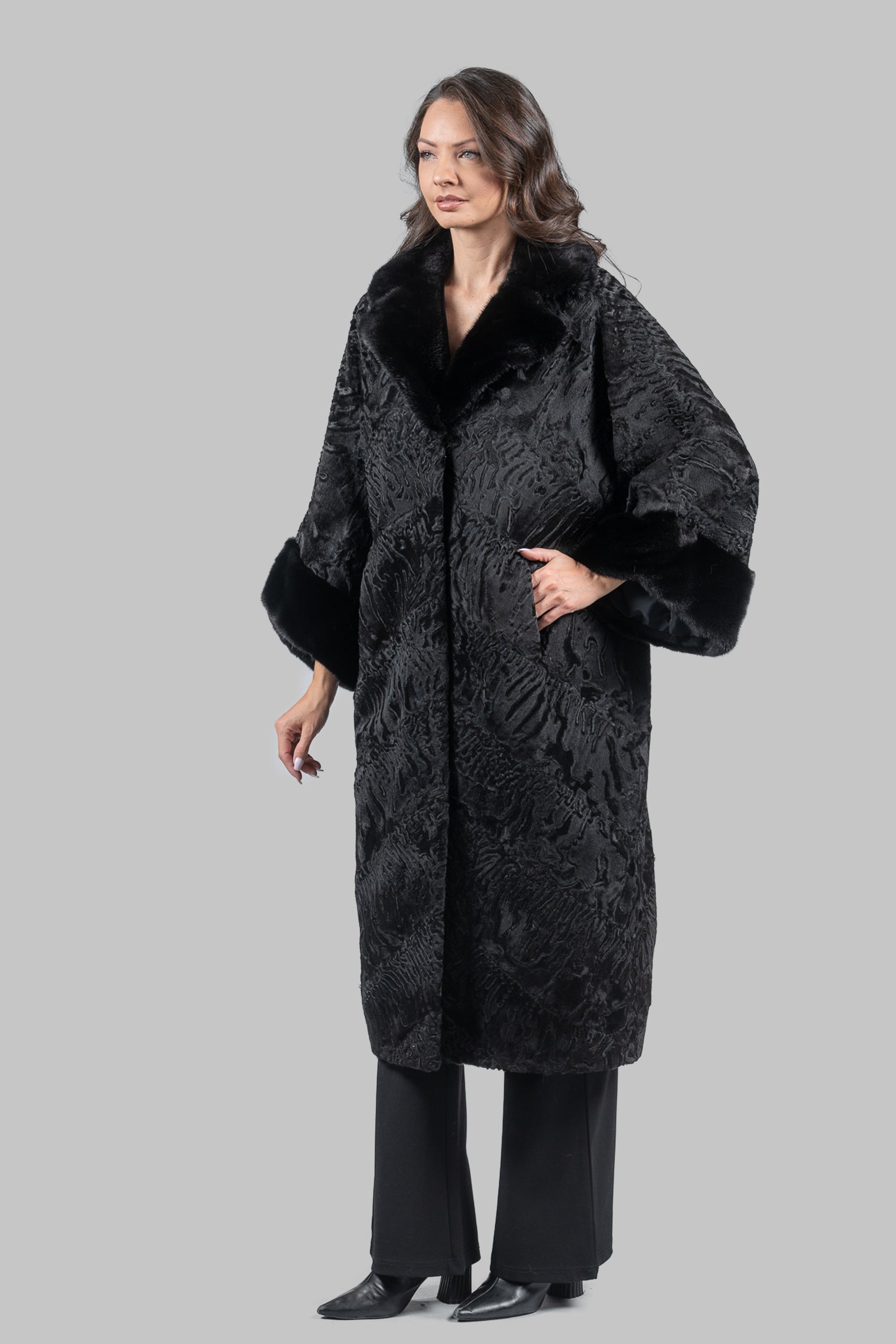 Black Swakara Coat with Mink-Trimmed Notch Collar A/K13C848s34v30