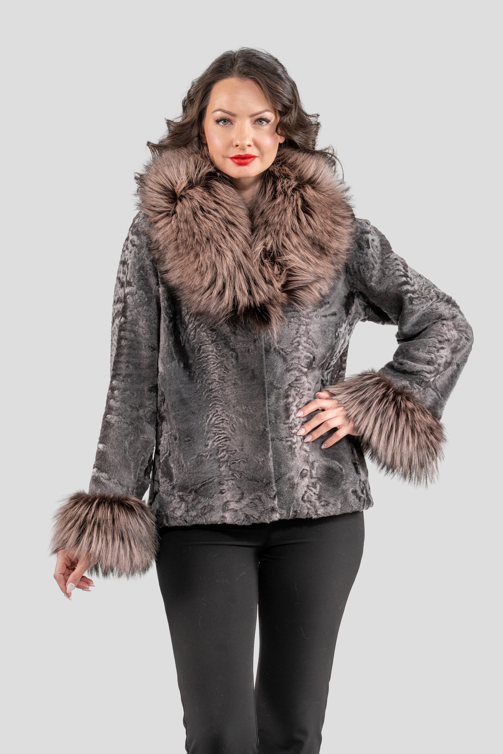 Grey Moon Swakara Jacket with Fox Fur Trim Notch Collar and Cuffs S/S13C528s20