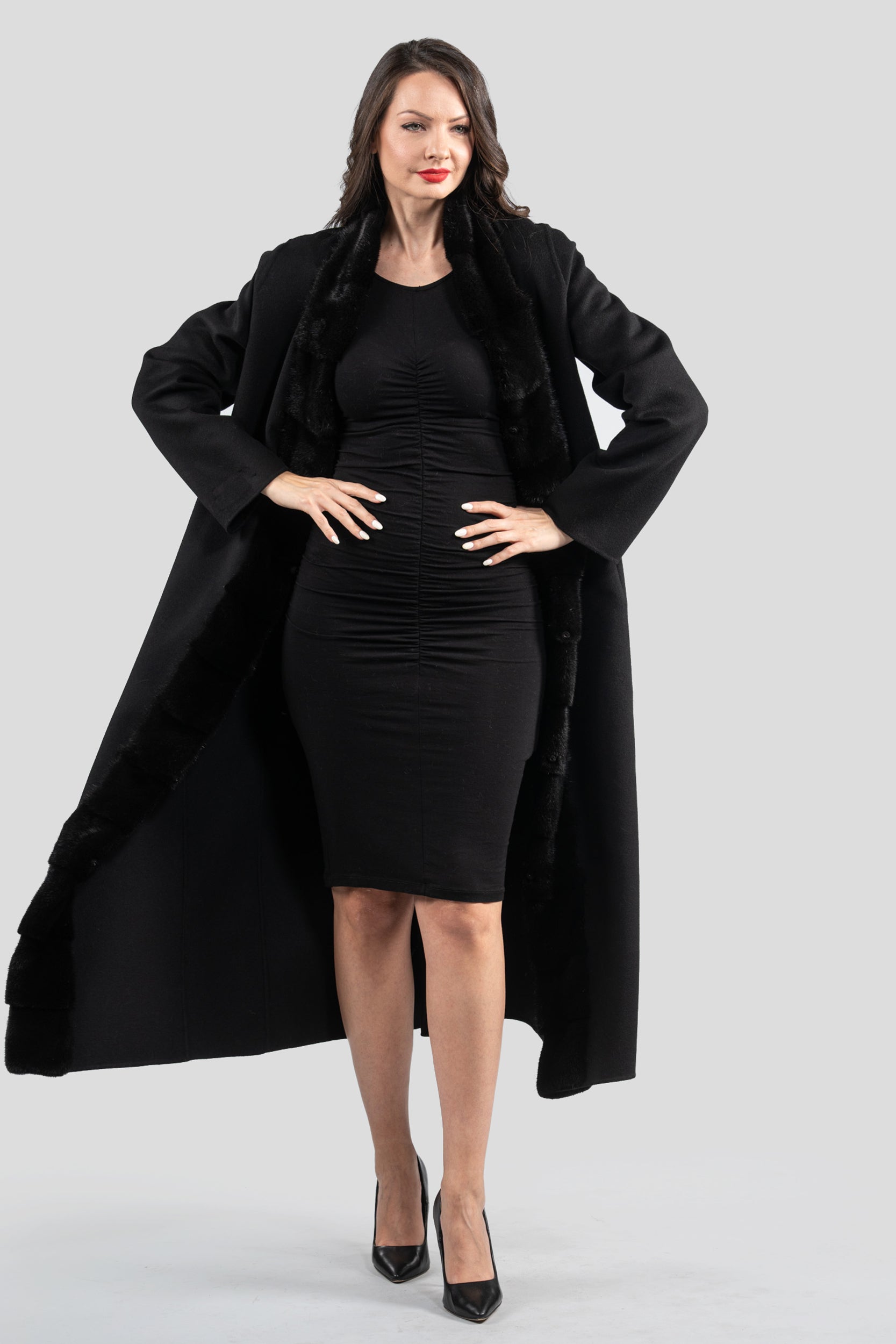 Black Cashmere Coat with Mink Trim 21C6080