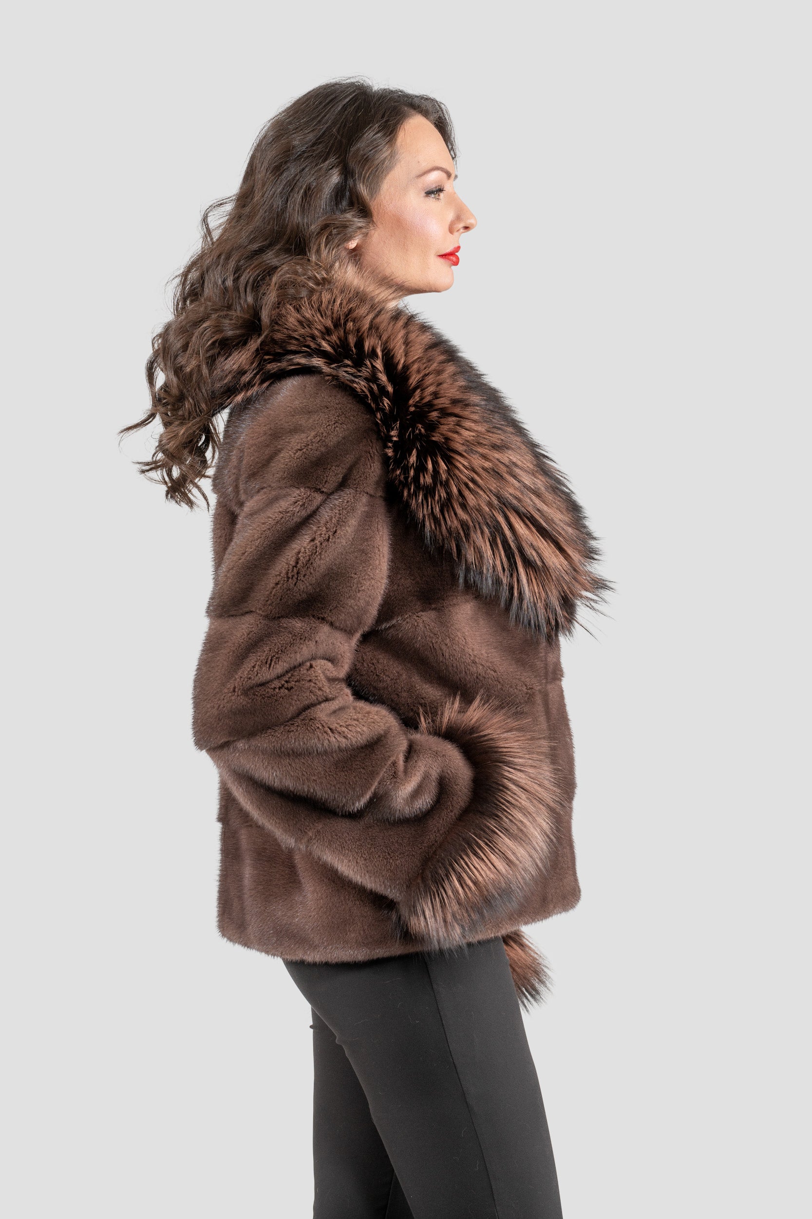 Wood Mink Jacket with Fox Trimmed Shawl Collar P/K13C528C17