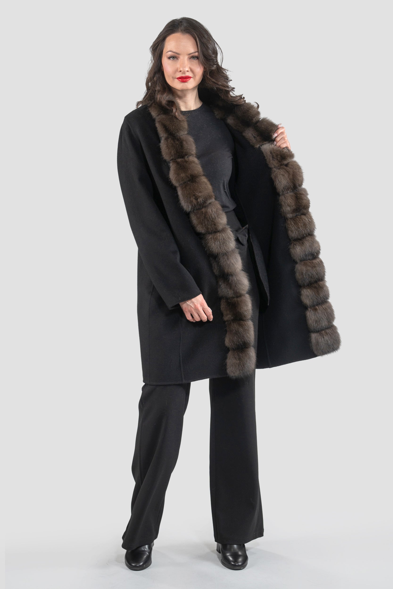 Black Cashmere Half Coat with Russian Sable Trim 21C6080