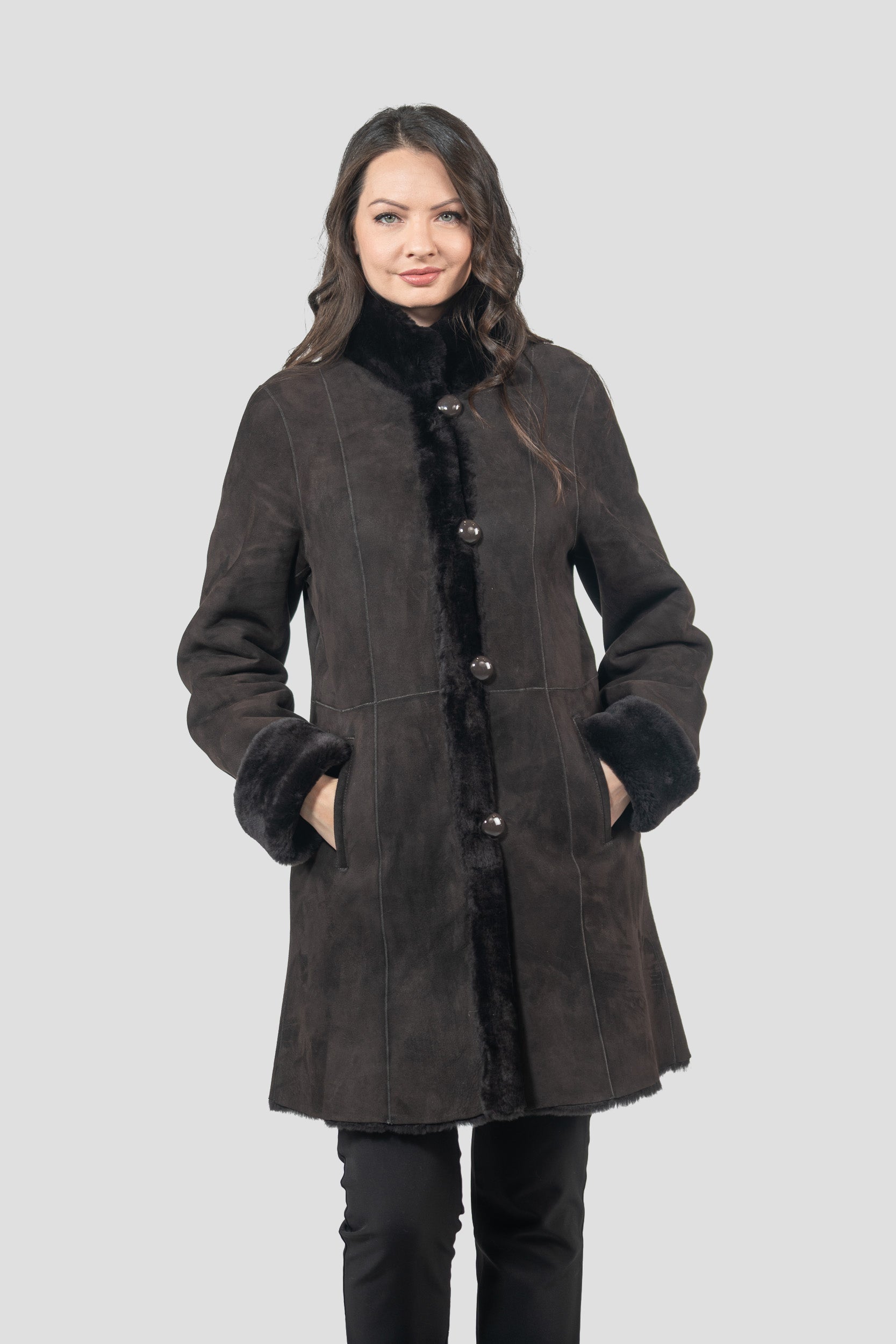 Brown Half Coat In Spanish Merino with Stand Collar 207