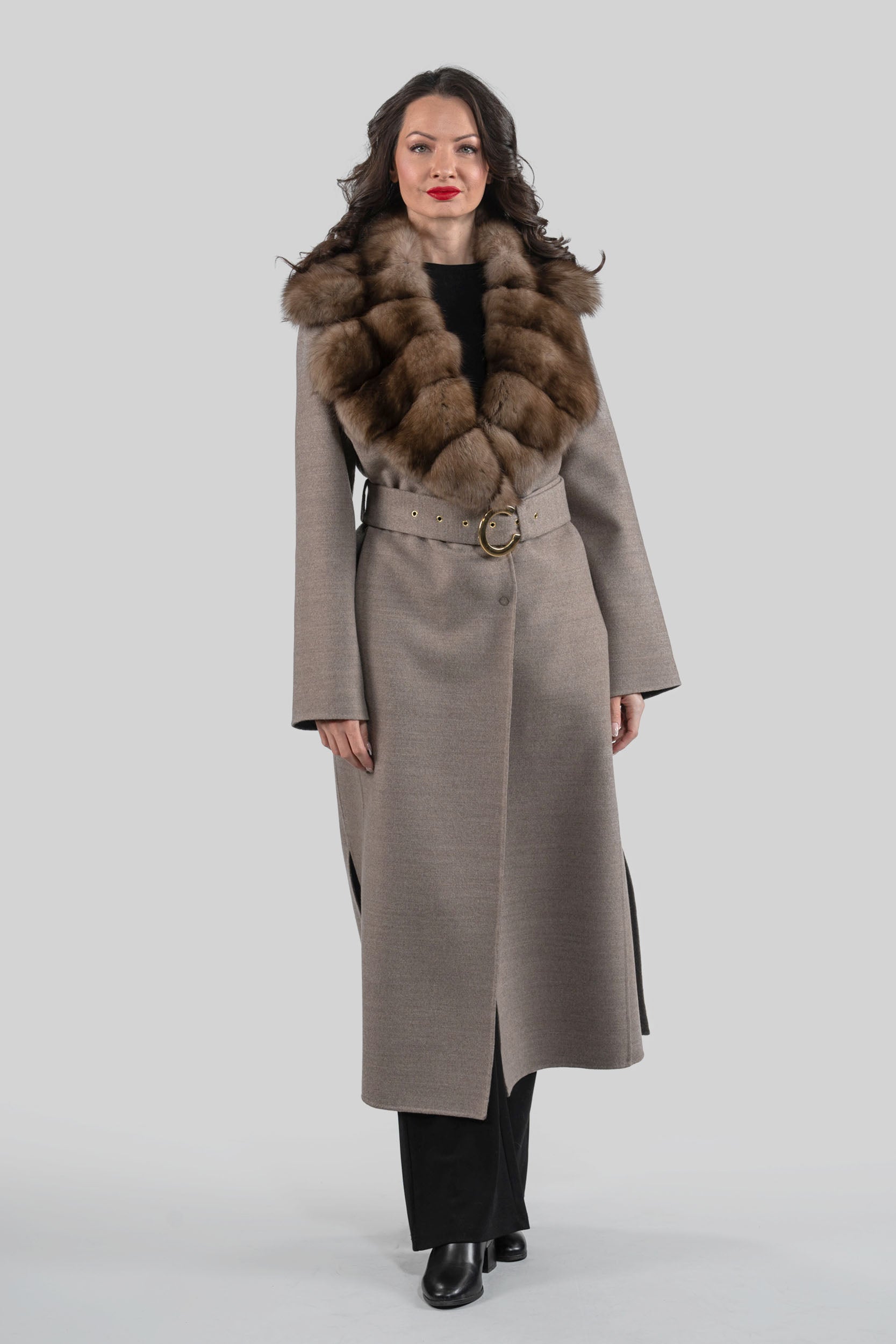 Grey Brown Cashmere Coat with Russian Sable Notch Collar 20C8060S20