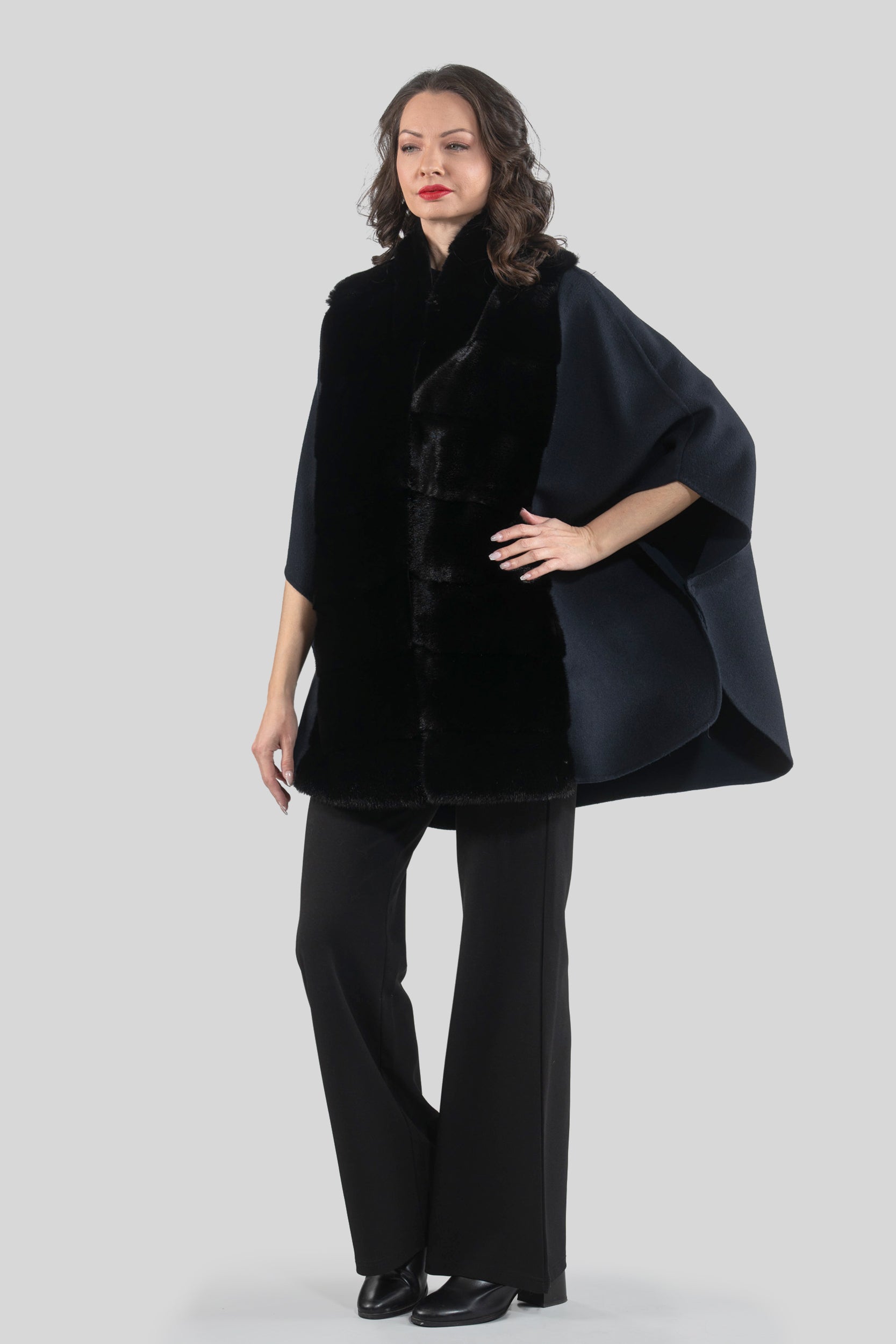 Blue Black Cashmere Cape with Mink Trim 18M950