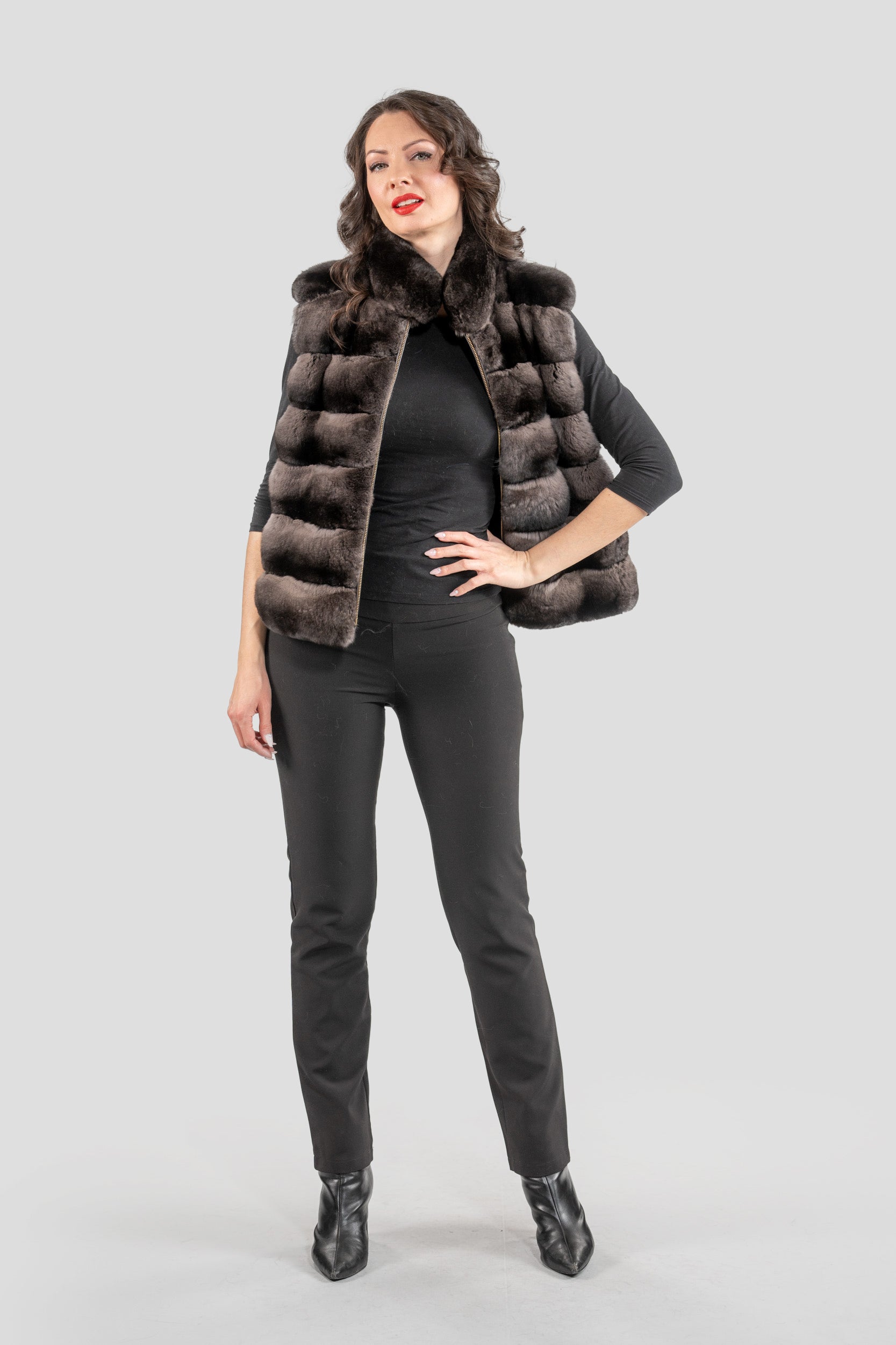Smokey Chinchilla Fur Vest with Stand Collar and Mink Trim P/K2201
