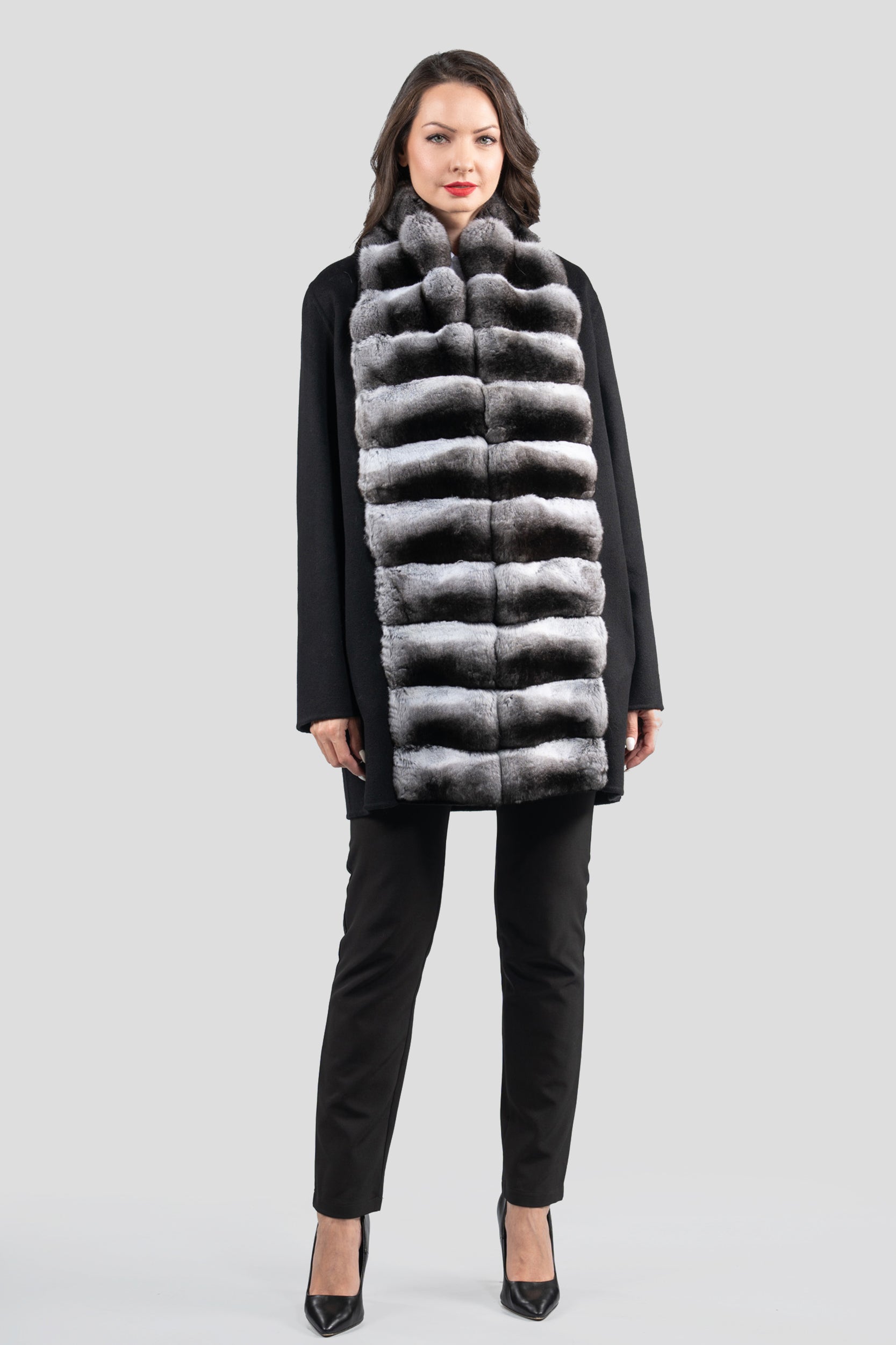 Black Cashmere Coat with Chinchilla Trim 21C8050