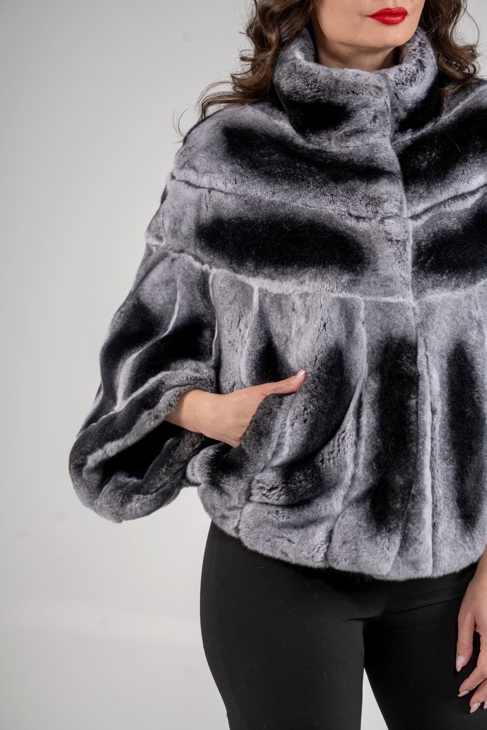 Natural Rex Rabbit Fur Cape with Stand Collar 1009