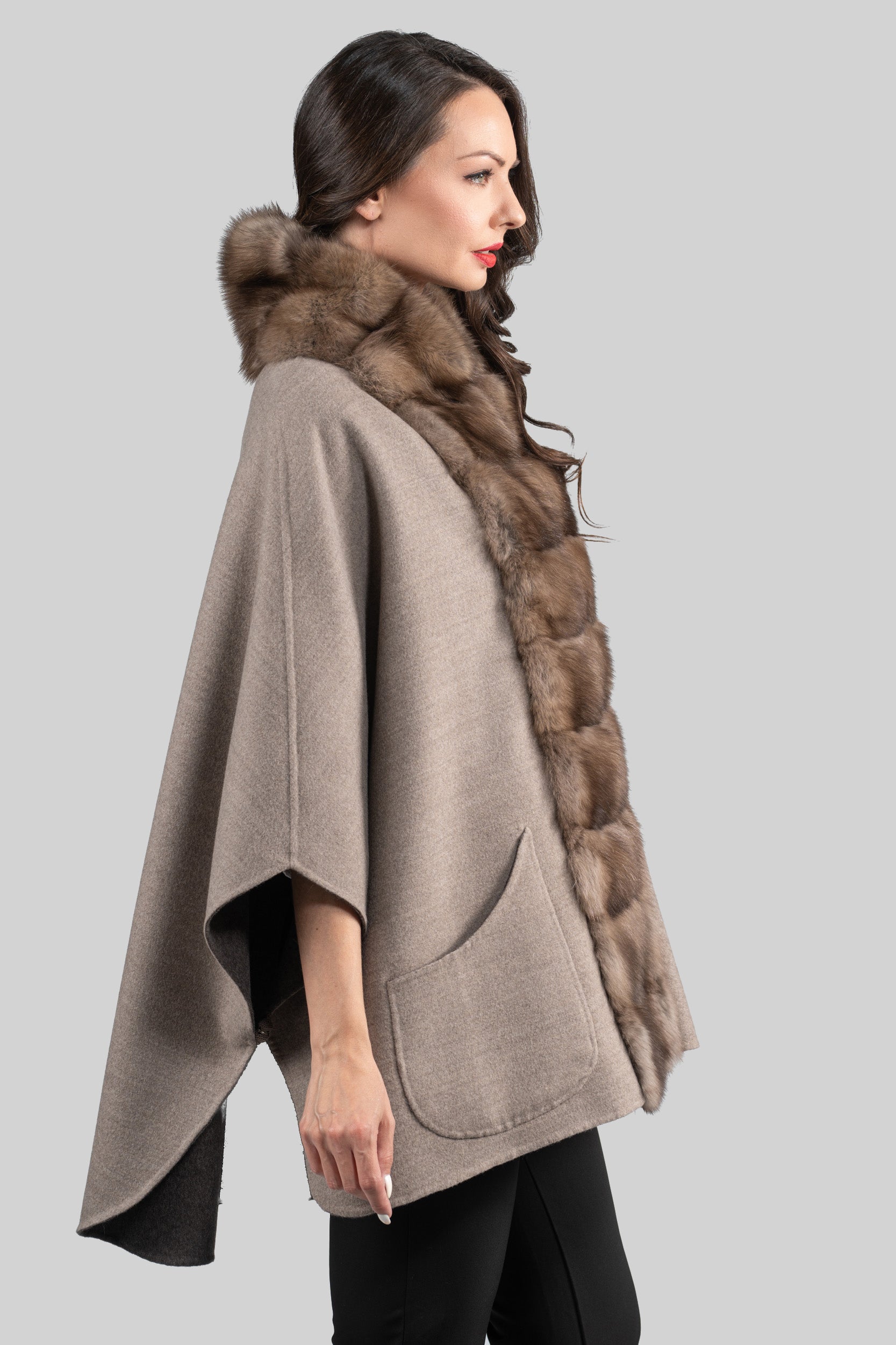 Grey Brown Cashmere Cape with Russian Sable Trim 18M951