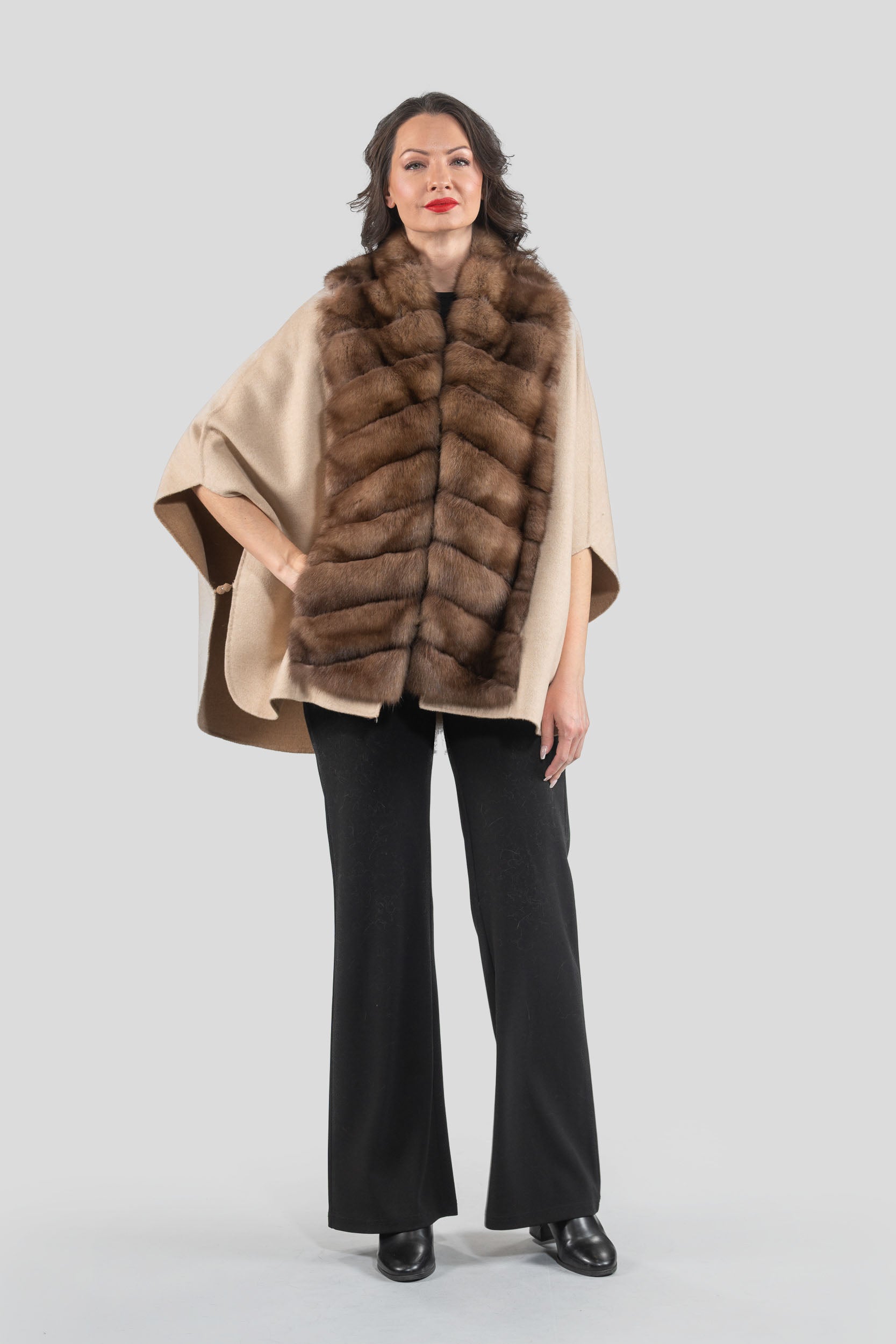 Beige Cashmere Cape with Russian Sable Trim 18M95088