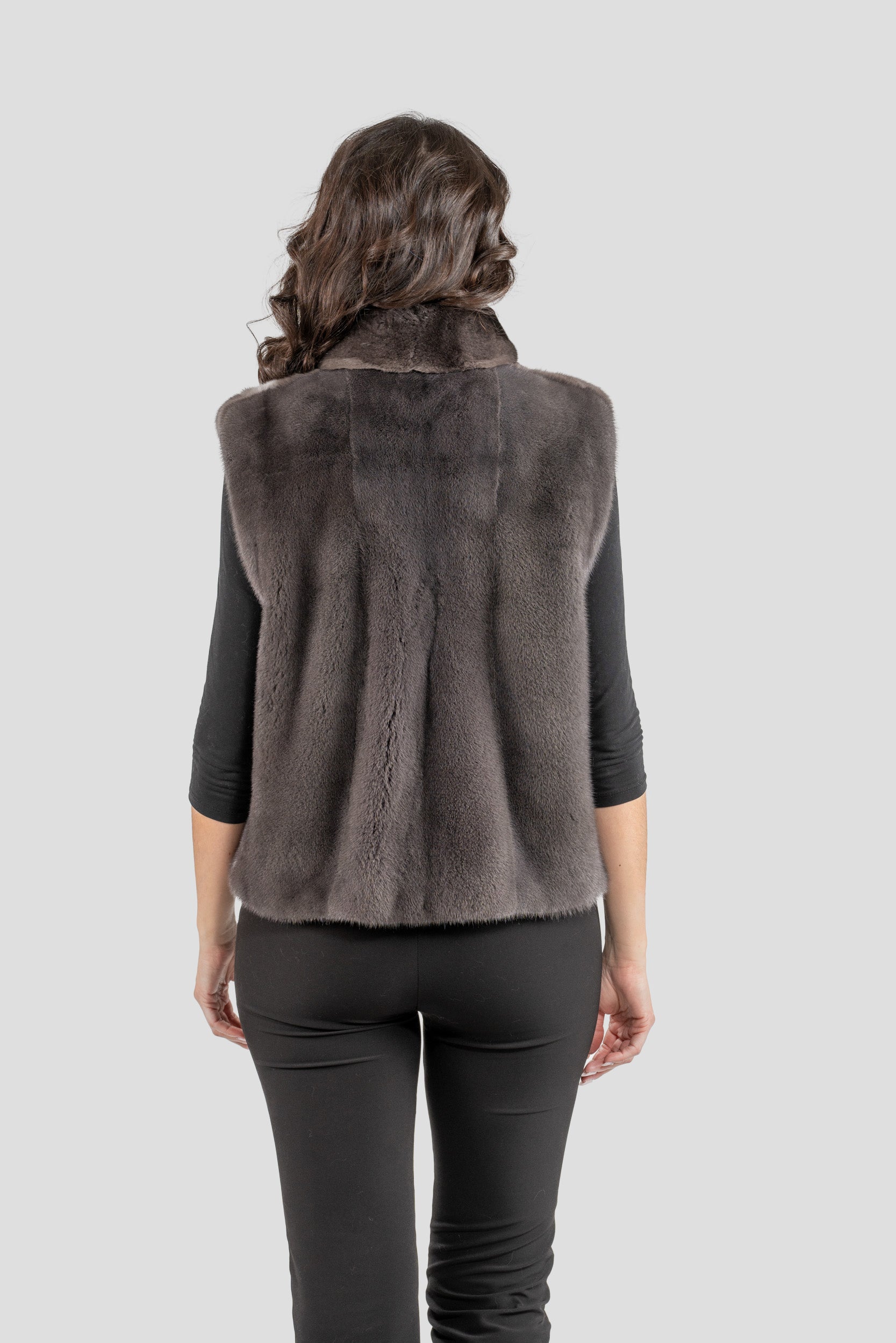 Smokey Chinchilla Fur Vest with Stand Collar and Mink Trim P/K2201