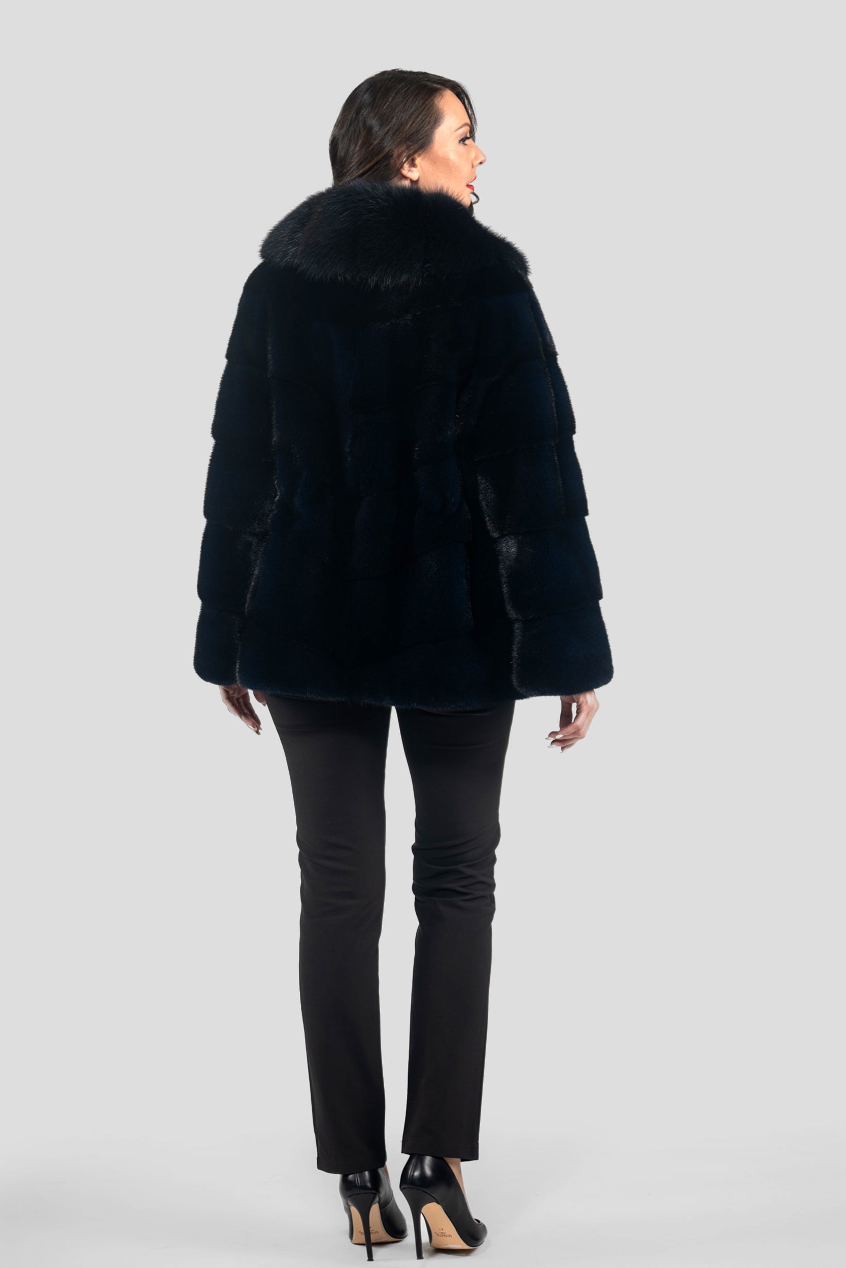 Blue Black Mink Half Coat with Extended Baumarten Shawl Collar V/K19C123