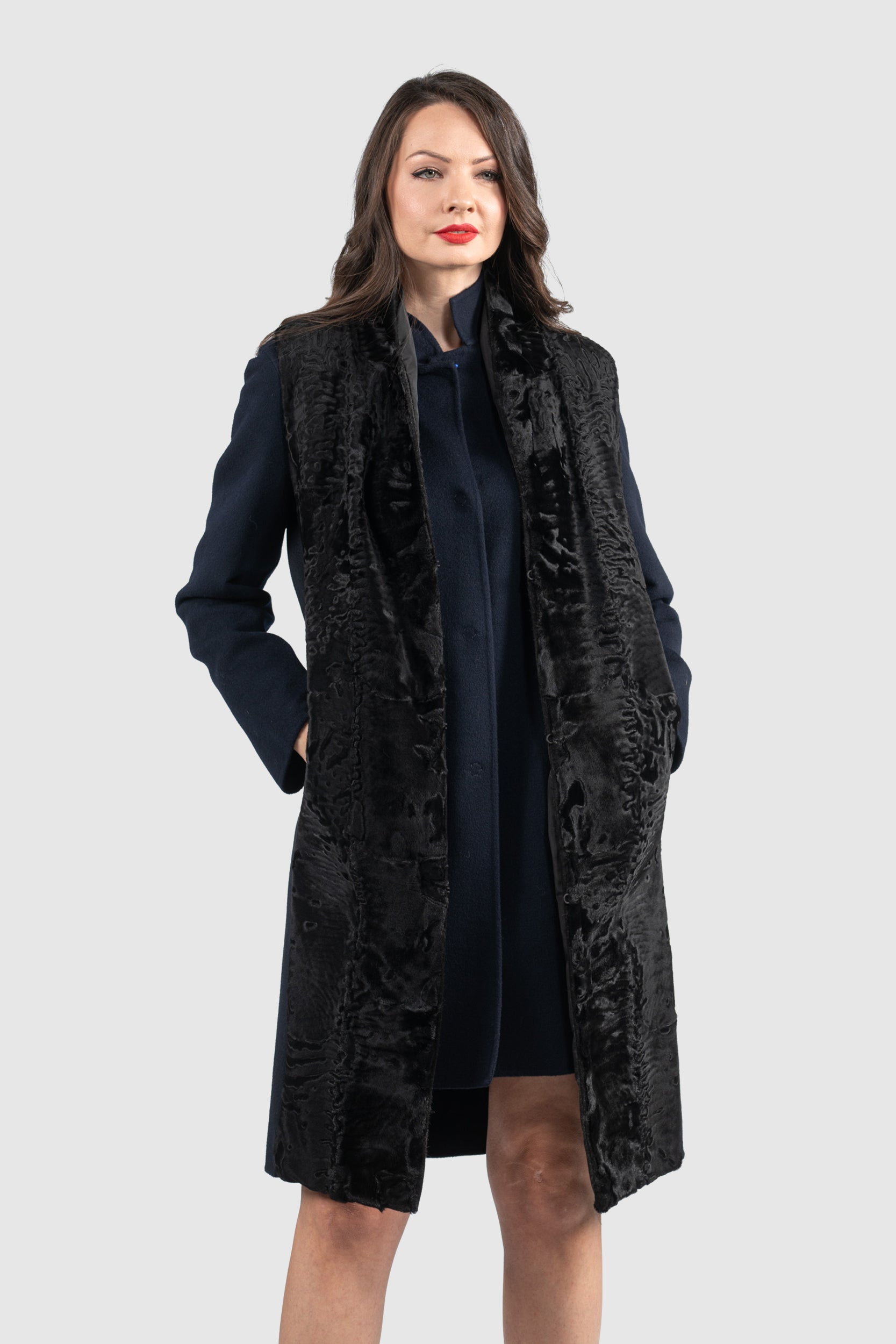 Women's Cashmere Half Coat & Vest with Swakara Trim 17C8003
