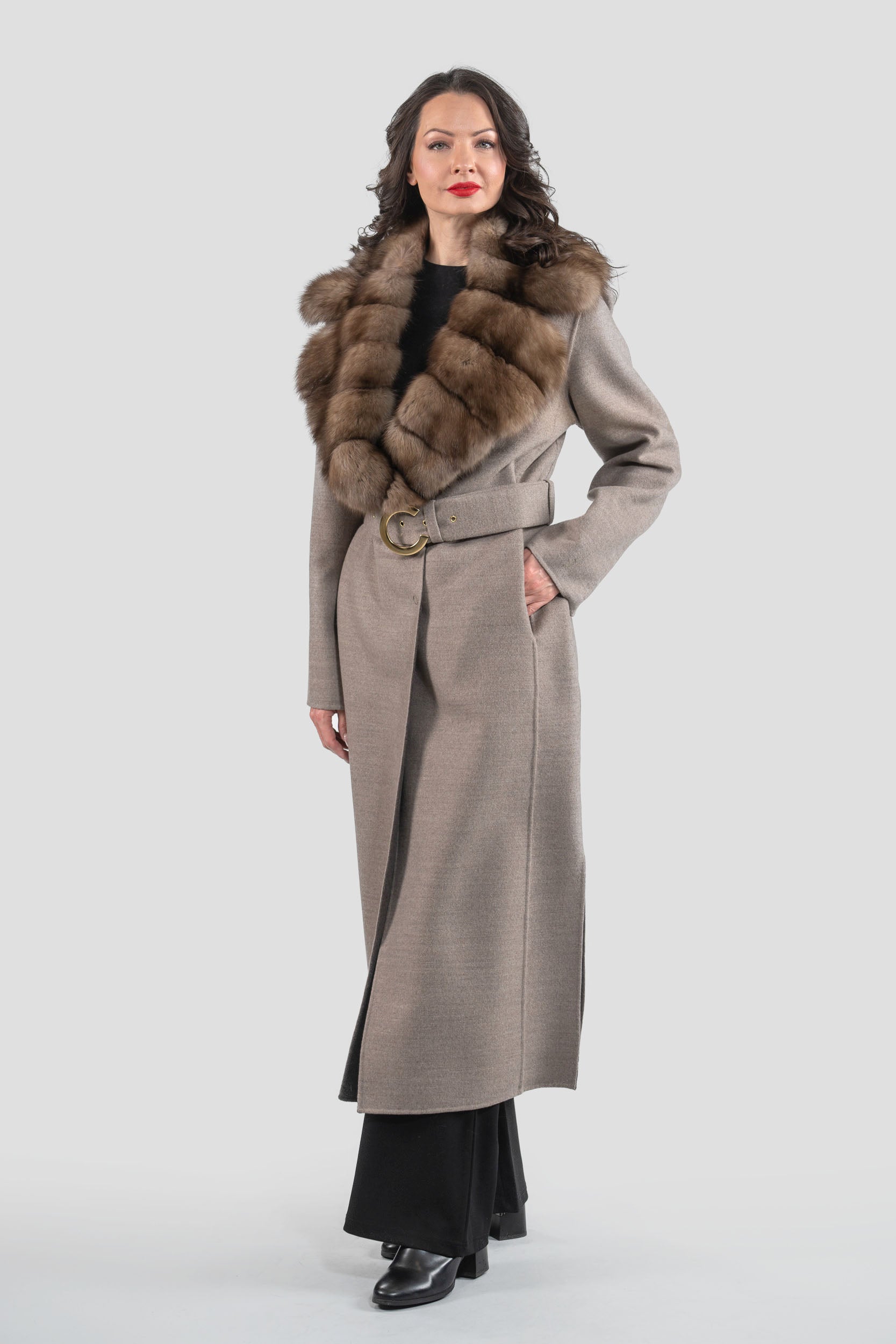 Grey Brown Cashmere Coat with Russian Sable Notch Collar 20C8060S20