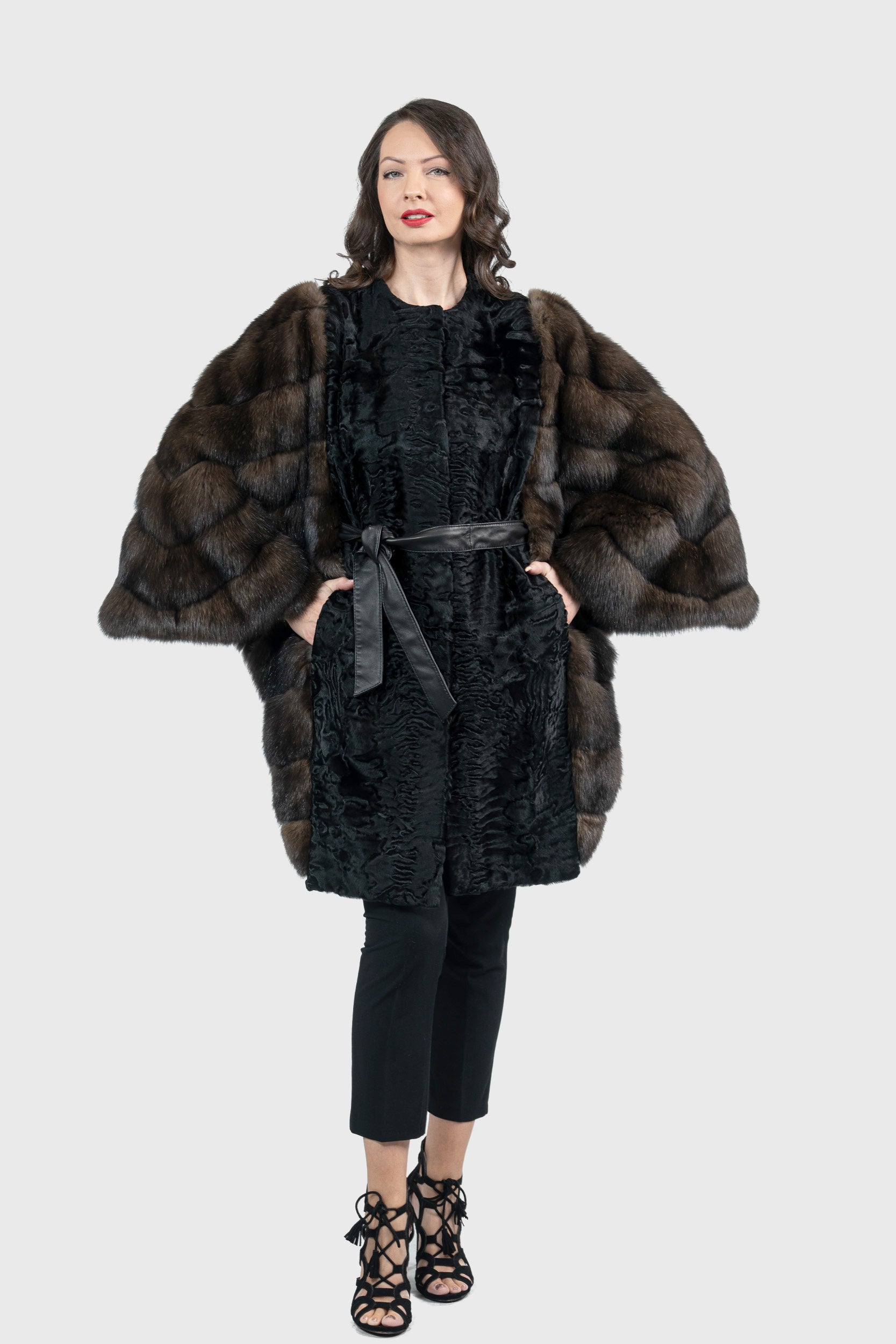Black Swakara Cape with Russian Sable Sleeves S/S16C15