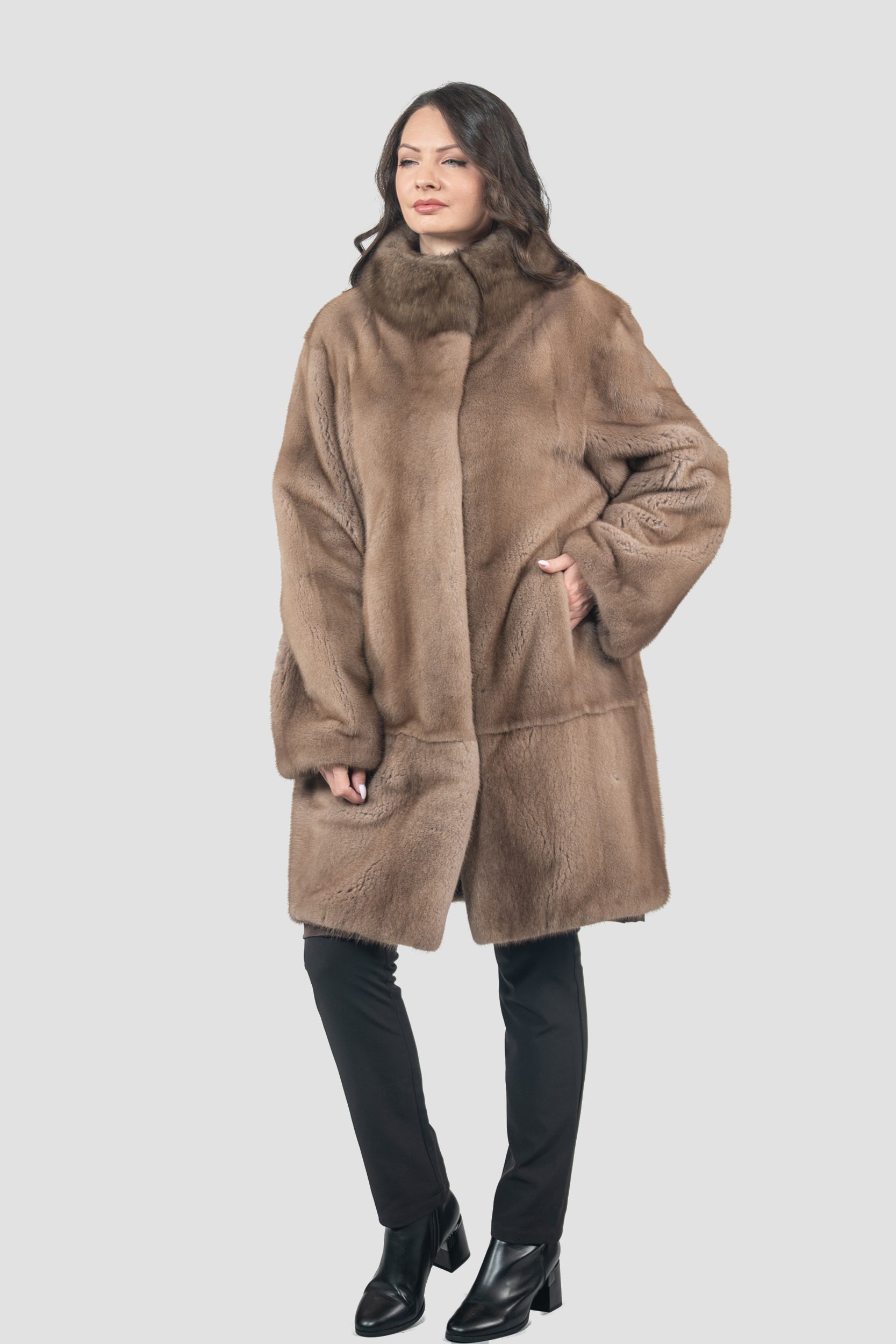 Pastel Mink Half Coat with Russian Sable-Trimmed Stand Collar CLER