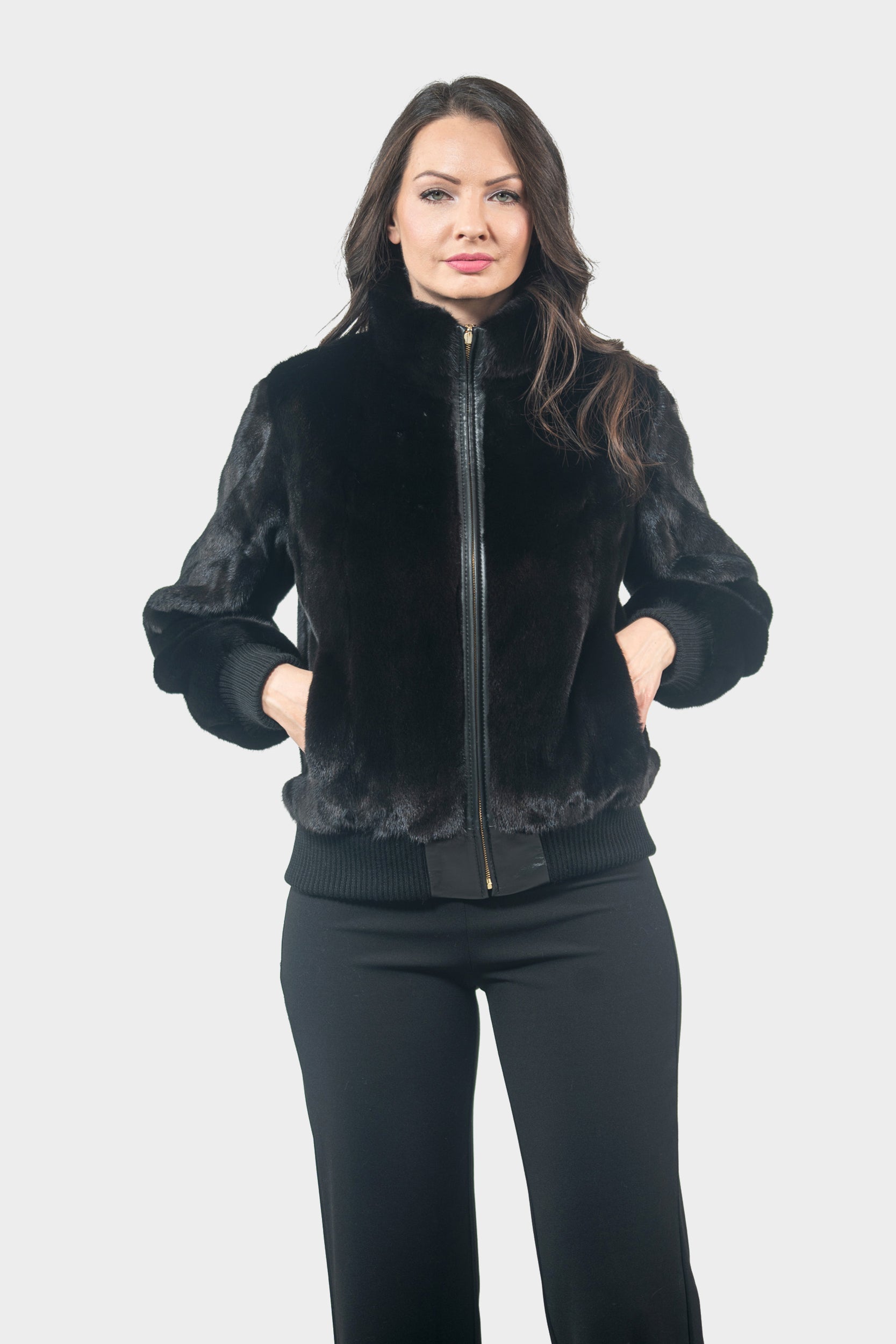 Black Mink Bomber Jacket with Stand Collar L/O13C224