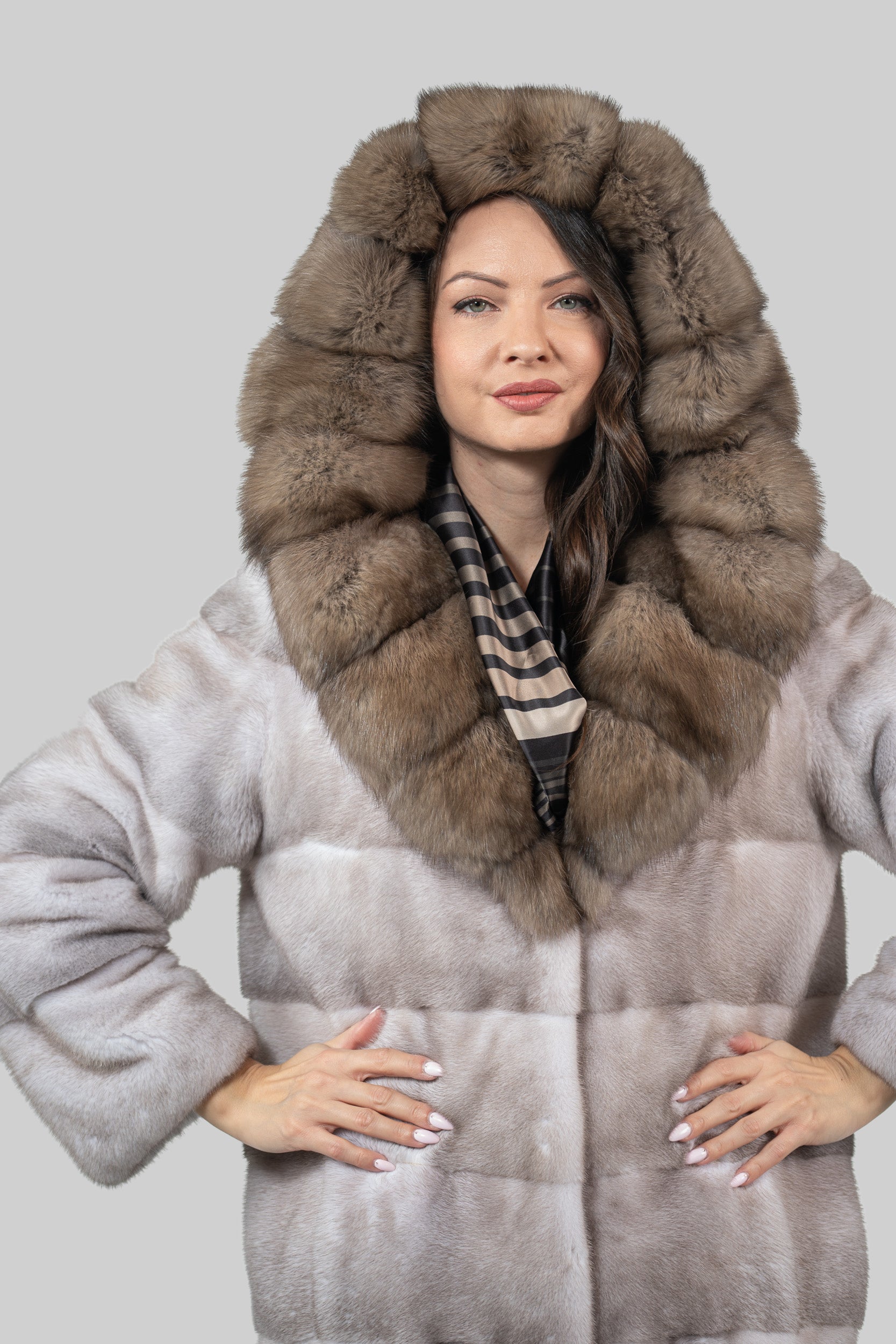 Silver Blue Mink Half Coat With Russian Sable Hood P/K13C540
