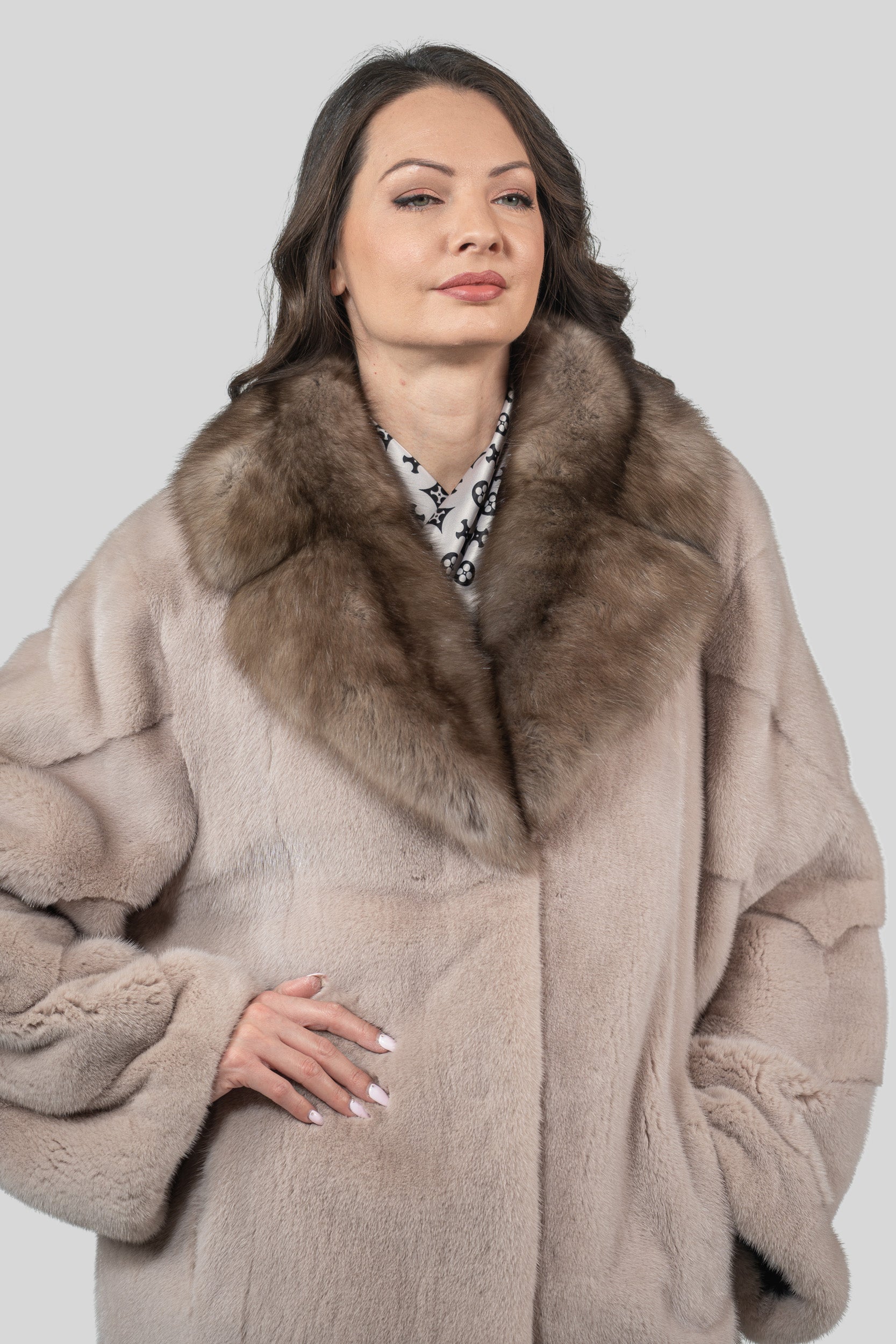 Tiramisu Mink Half Coat with Russian Sable-Trimmed Notch Collar S/S19C439