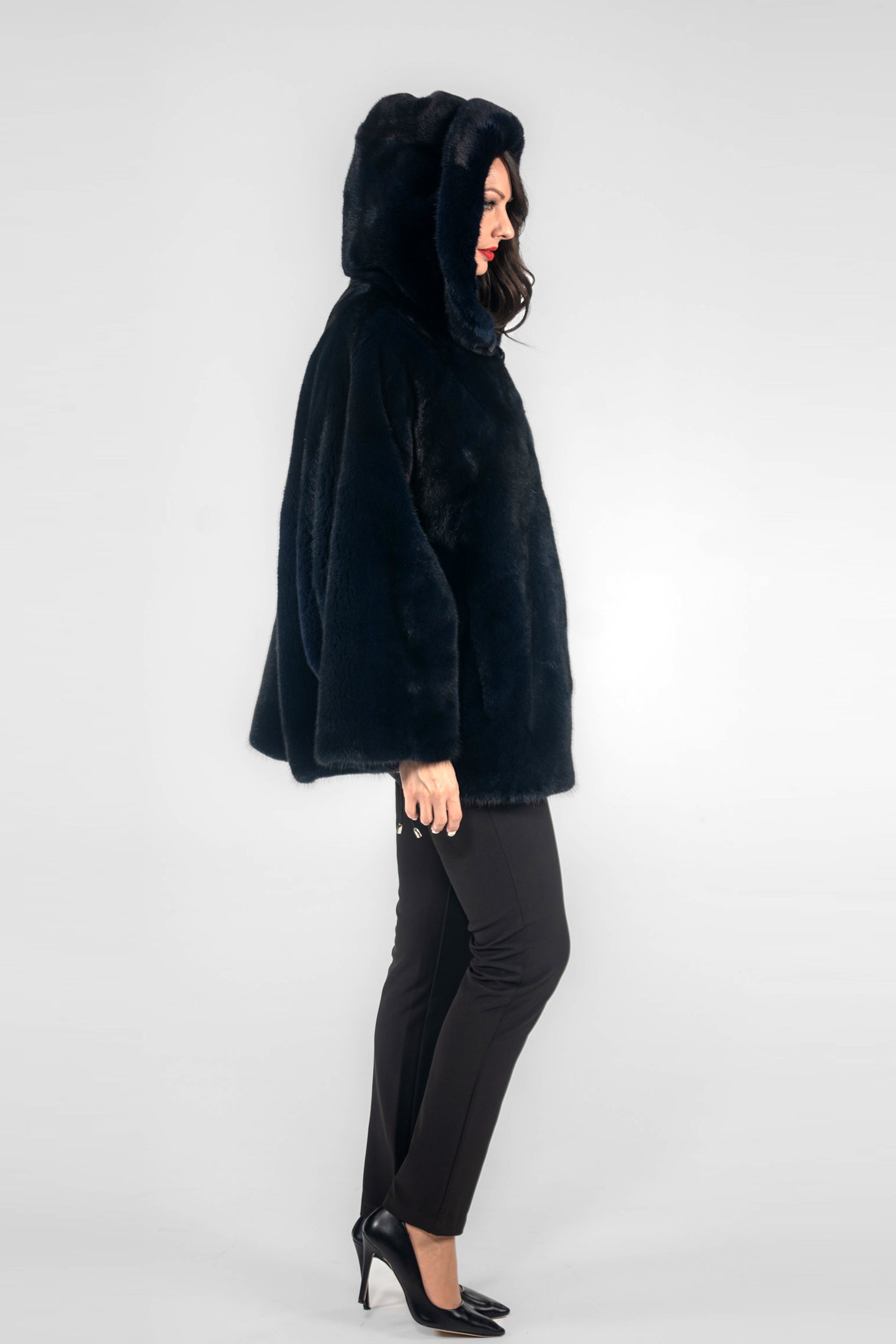 Blue Black Mink Jacket with Hood L/OR5