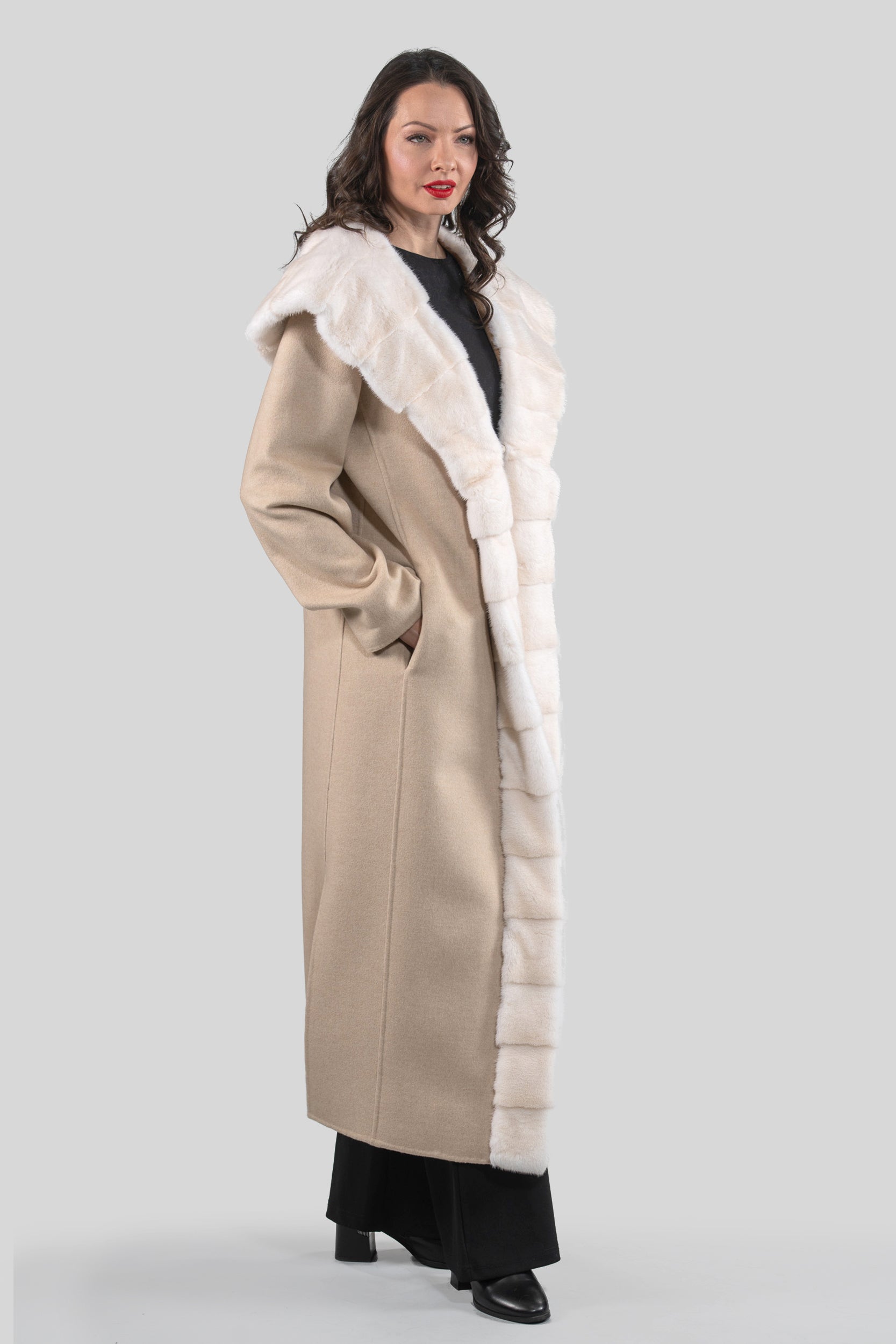 Ecru Beige Cashmere Hooded Coat with Mink Trim 21C6080H540